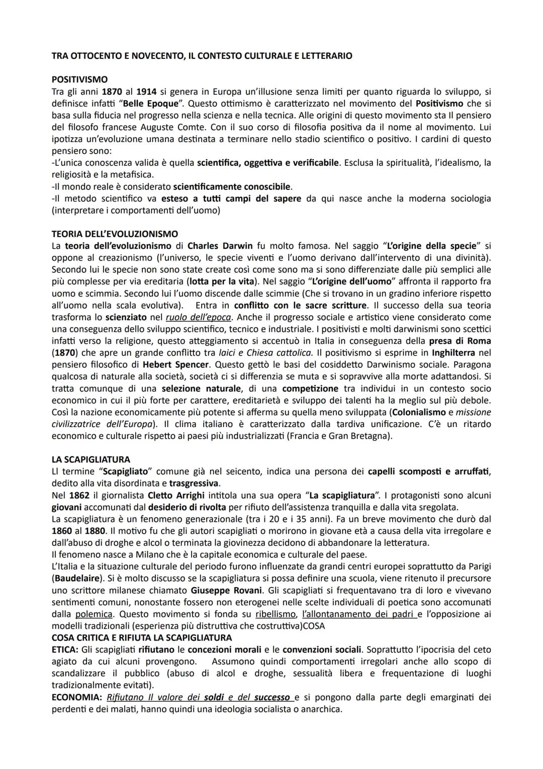 TRA OTTOCENTO E NOVECENTO, IL CONTESTO CULTURALE E LETTERARIO
POSITIVISMO
Tra gli anni 1870 al 1914 si genera in Europa un'illusione senza l