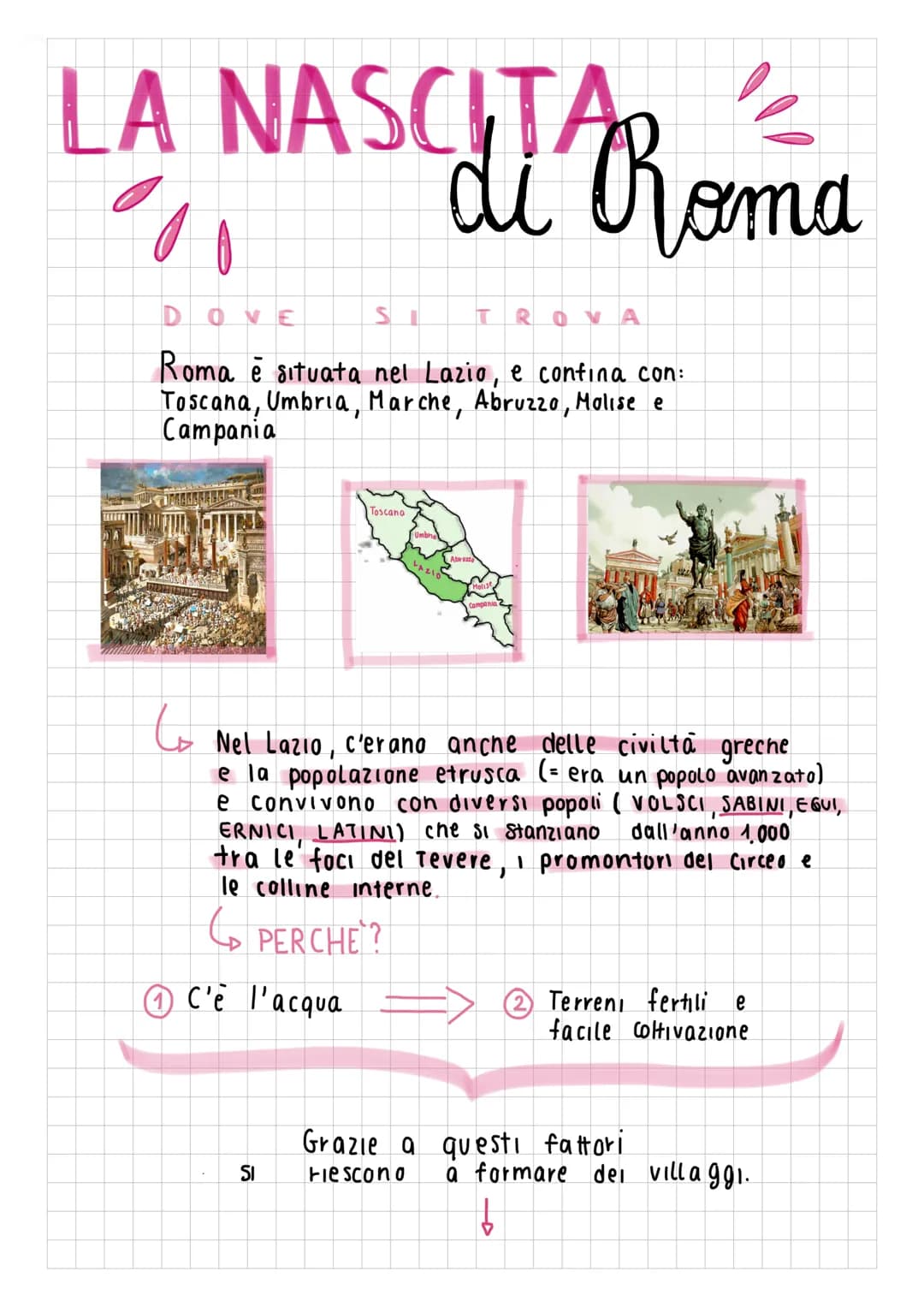 LA NASCITA
di Roma
D
OVE
SI T
Roma è situata nel Lazio, e confina con:
Toscana, Umbria, Marche, Abruzzo, Molise e
Campania
to
(1) C'è l'acqu