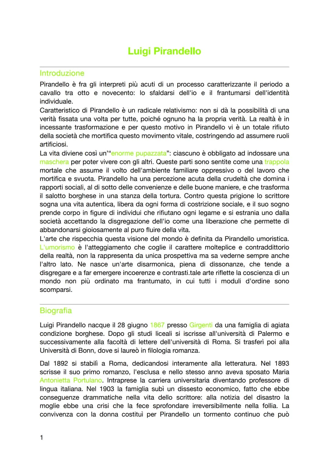 Luigi Pirandello schema completo 