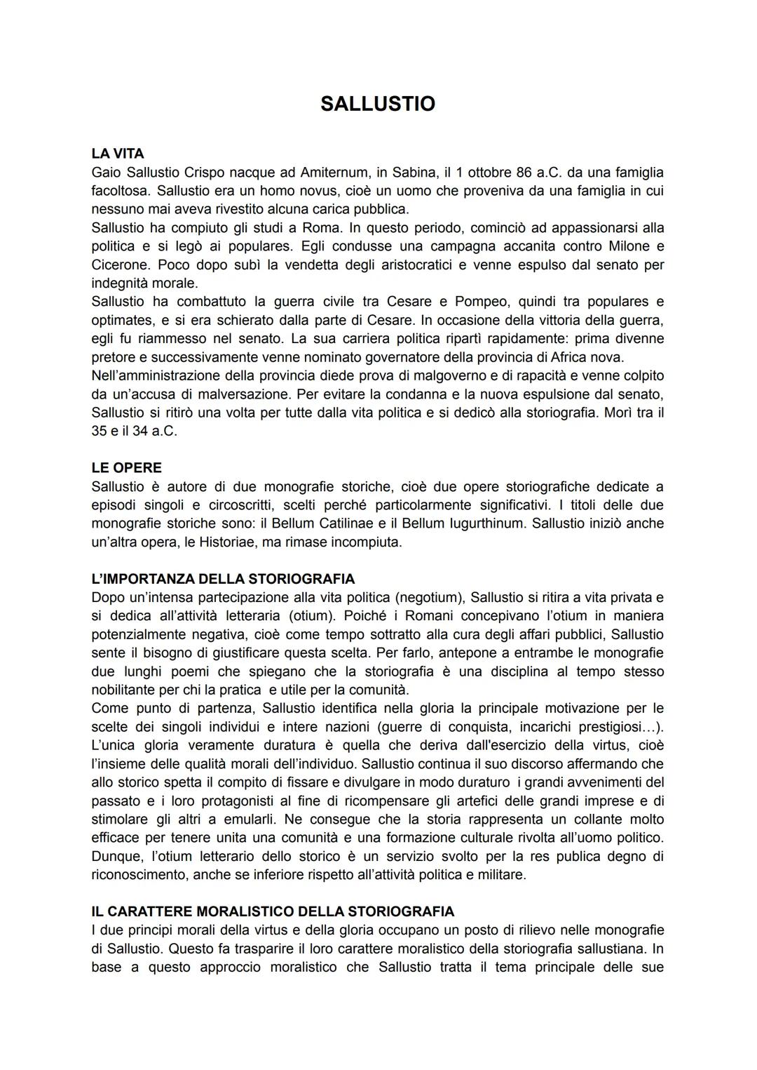 SALLUSTIO
LA VITA
Gaio Sallustio Crispo nacque ad Amiternum, in Sabina, il 1 ottobre 86 a.C. da una famiglia
facoltosa. Sallustio era un hom