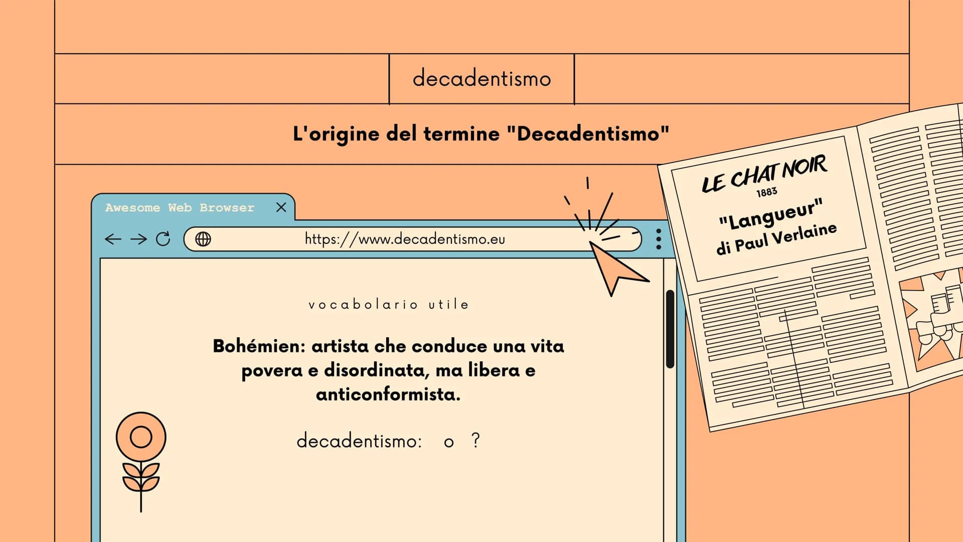 New Tab
Q
+
IL DECADENTISMO
Letteratura
italiana Awesome Web Browser X
← → C
decadentismo
L'origine del termine "Decadentismo"
https://www.d