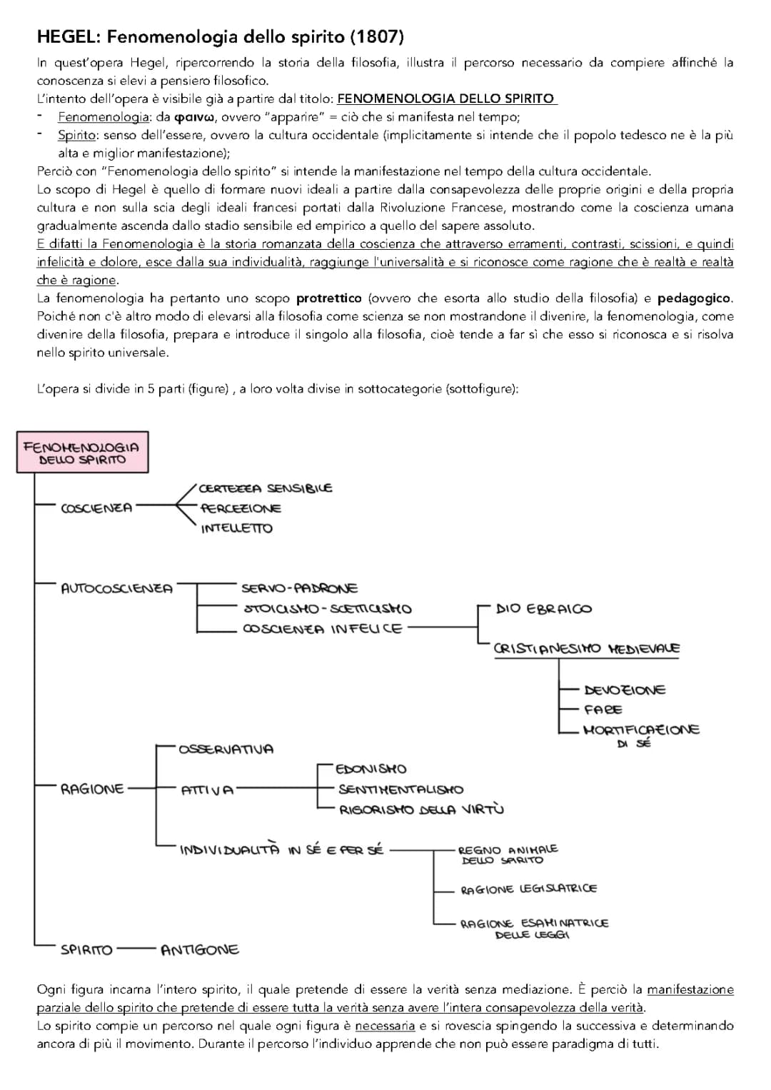 Hegel: Fenomenologia dello Spirito - Schema e Riassunto Semplice in PDF