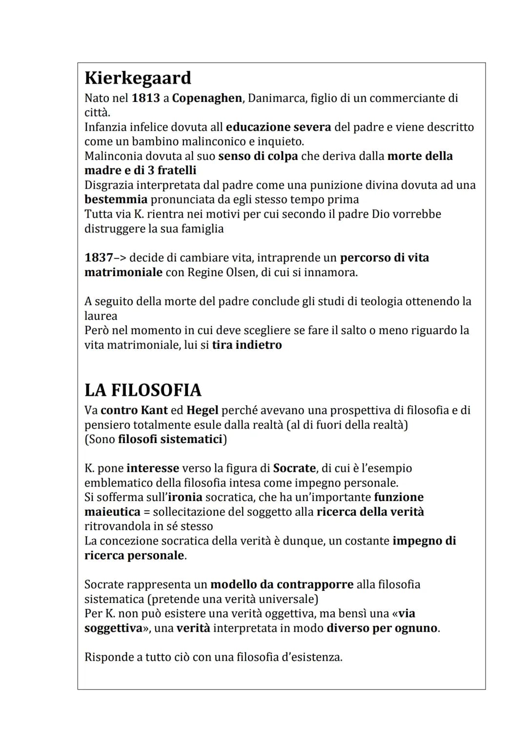 Kierkegaard
Nato nel 1813 a Copenaghen, Danimarca, figlio di un commerciante di
città.
Infanzia infelice dovuta all educazione severa del pa
