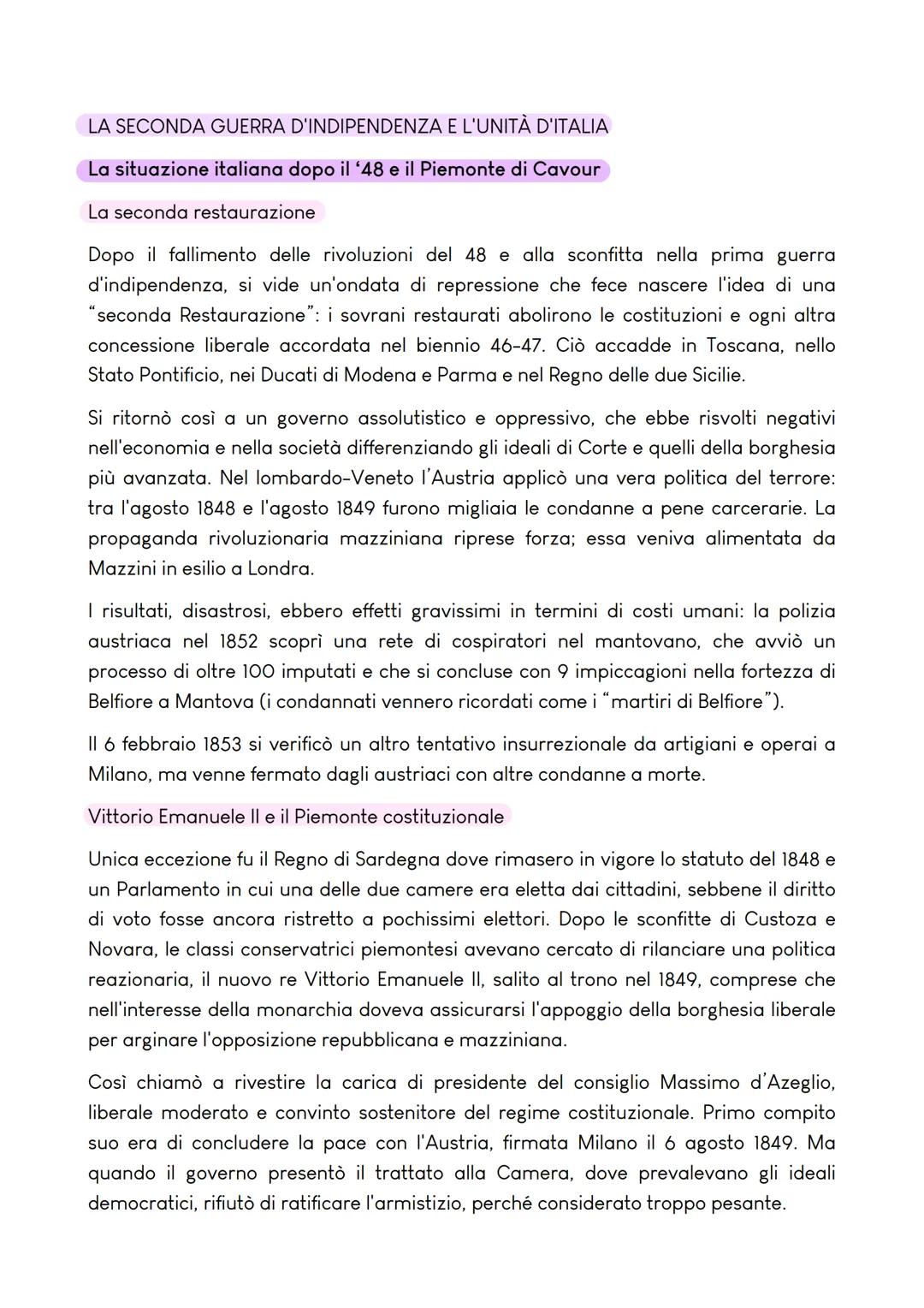 # LA SECONDA GUERRA D'INDIPENDENZA E L'UNITÀ D'ITALIA

La situazione italiana dopo il '48 e il Piemonte di Cavour

La seconda restaurazione

