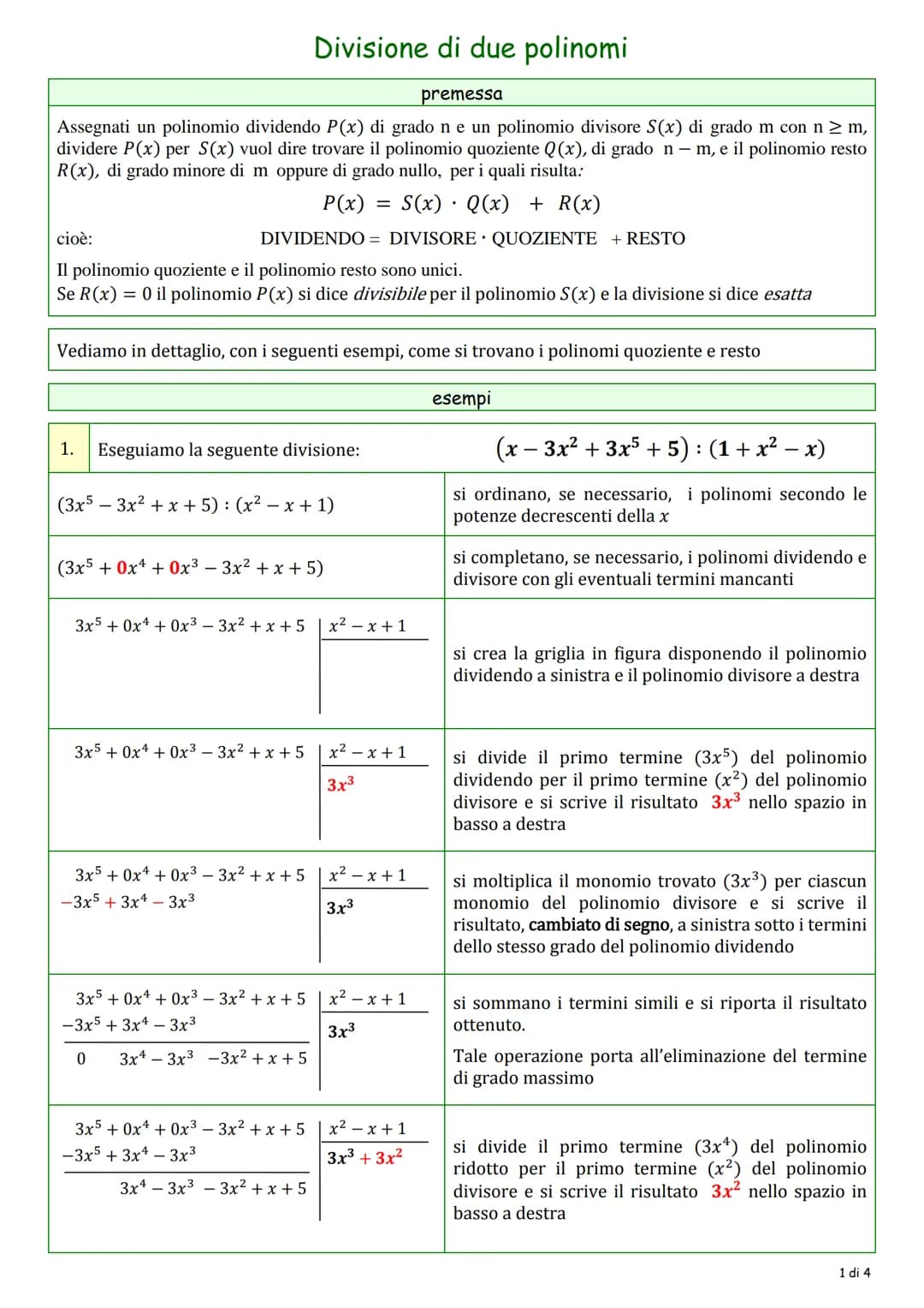Divisione di due polinomi
premessa
Assegnati un polinomio dividendo P(x) di grado ne un polinomio divisore S(x) di grado m con n ≥ m,
divide