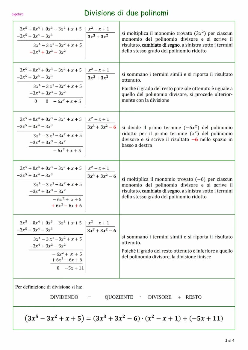 Divisione di due polinomi
premessa
Assegnati un polinomio dividendo P(x) di grado ne un polinomio divisore S(x) di grado m con n ≥ m,
divide