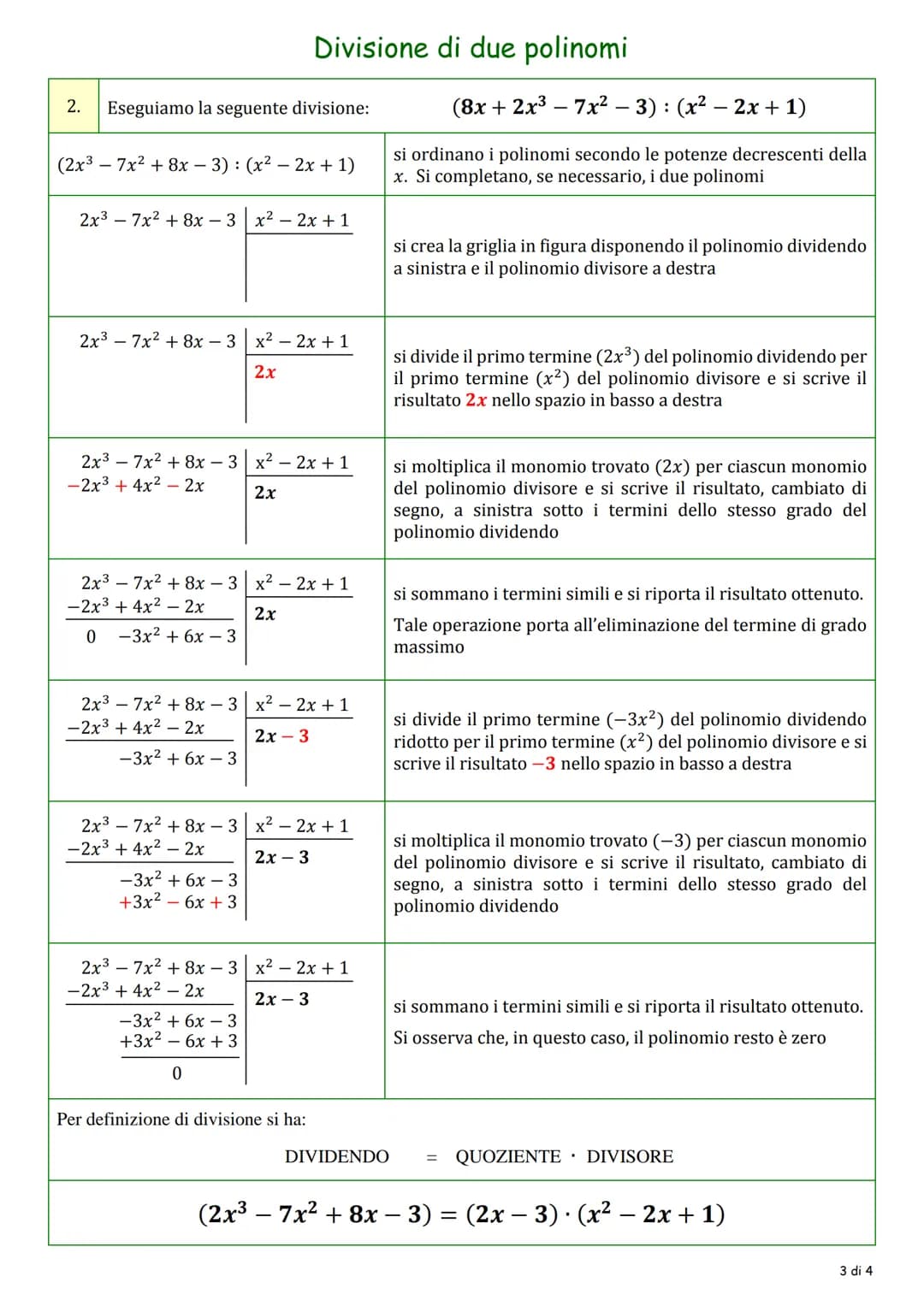 Divisione di due polinomi
premessa
Assegnati un polinomio dividendo P(x) di grado ne un polinomio divisore S(x) di grado m con n ≥ m,
divide