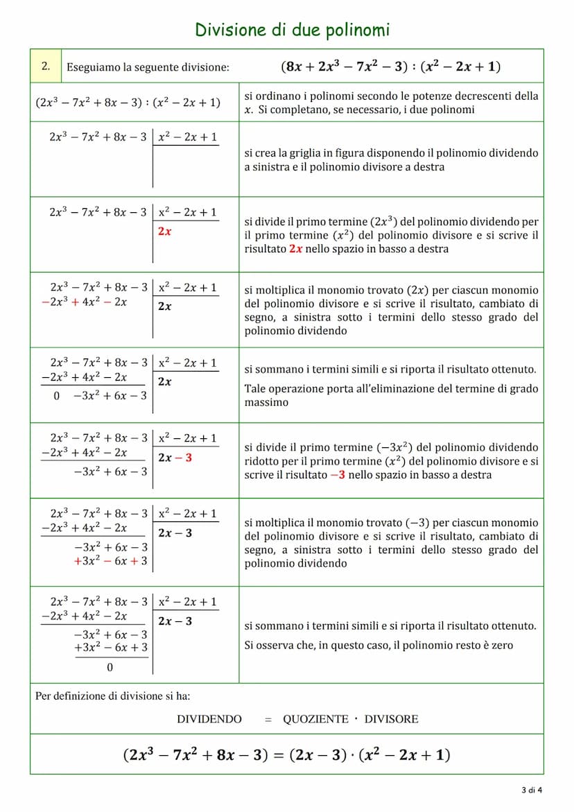 Divisione di due polinomi
premessa
Assegnati un polinomio dividendo P(x) di grado ne un polinomio divisore S(x) di grado m con n ≥ m,
divide