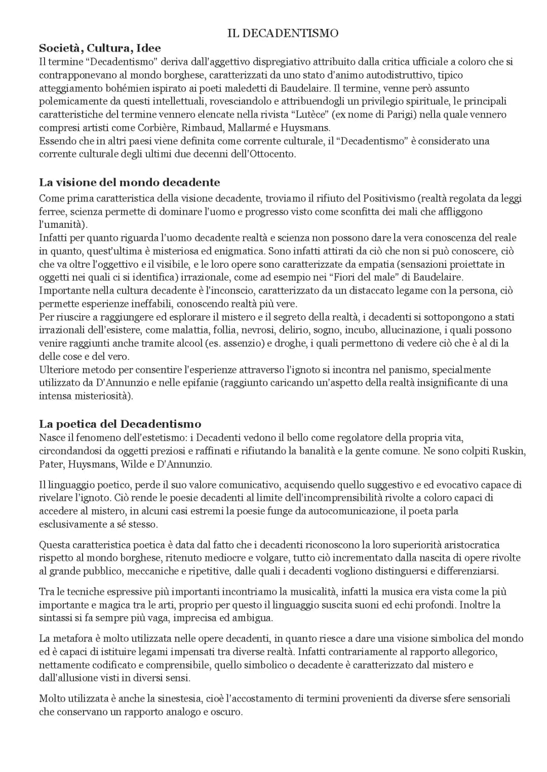 DECADENTISMO, Baudelaire, D'annunzio e Pascoli 