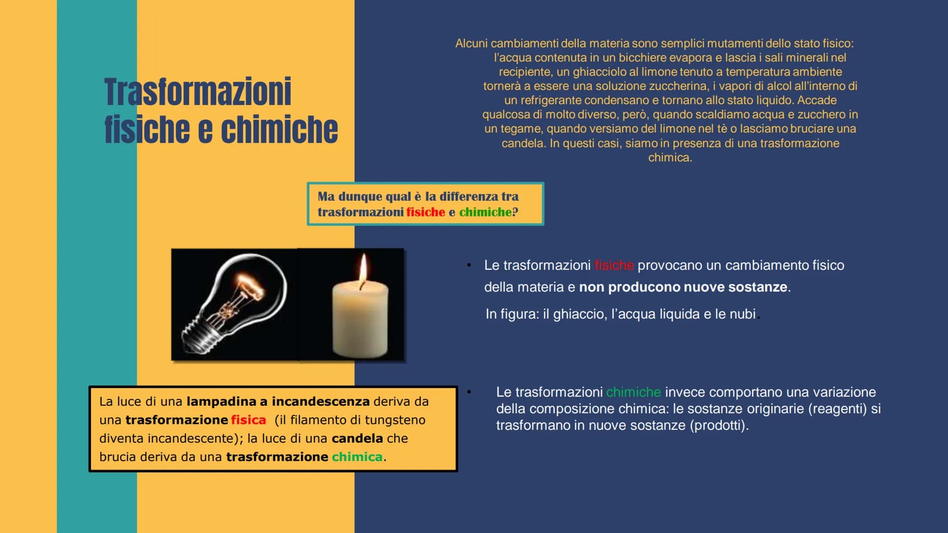 
<h2 id="trasformazionifisiche">Trasformazioni fisiche</h2>
<p>Le trasformazioni fisiche sono semplici mutamenti dello stato fisico della ma