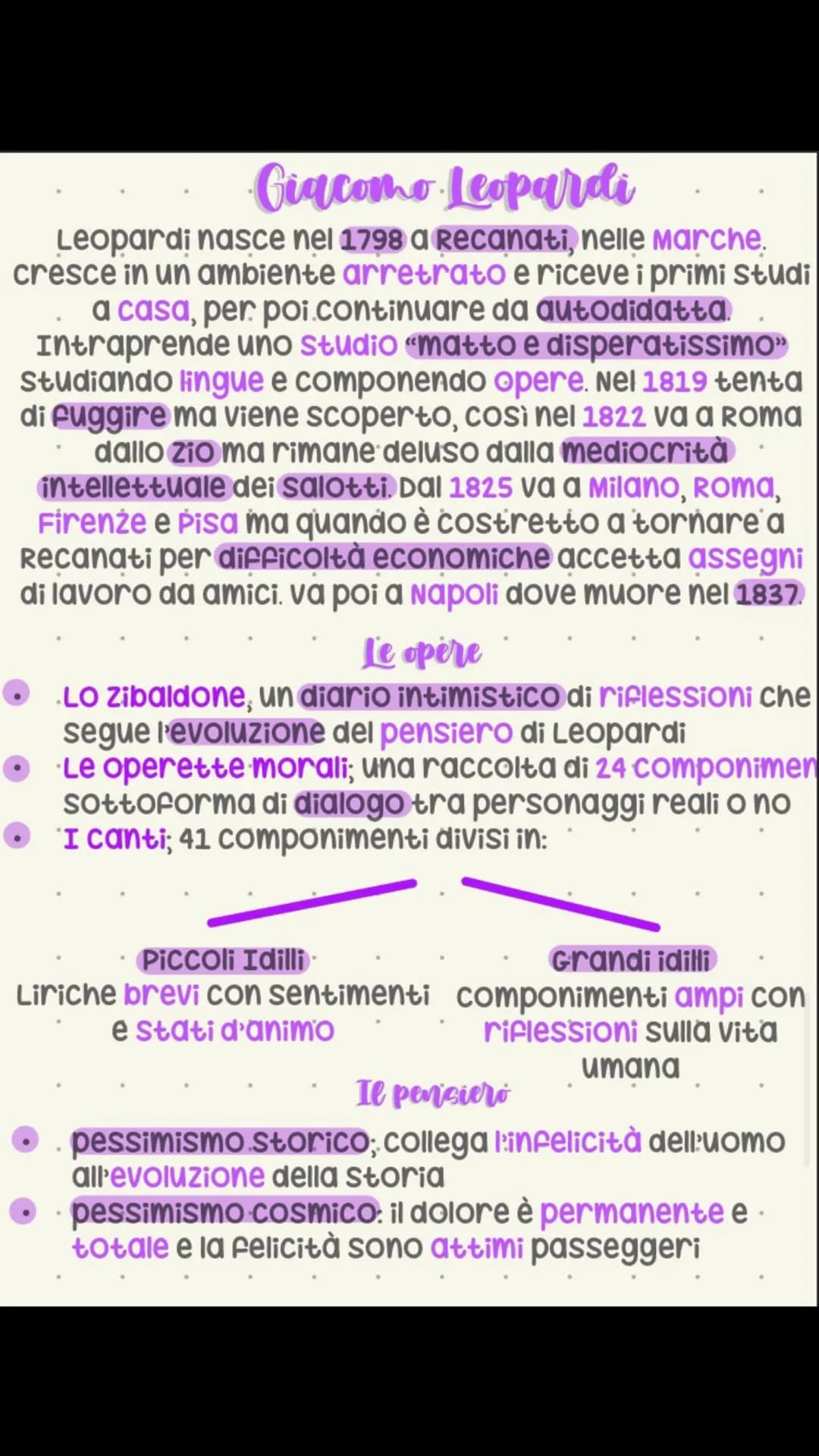 Giacomo Leopardi
Leopardi nasce nel 1798 a Recanati, nelle Marche.
cresce in un ambiente arretrato e riceve i primi Studi
a casa, per poi.co