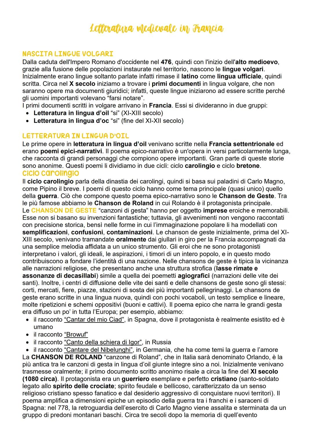Letteratura medievale in Francia
NASCITA LINGUE VOLGARI
Dalla caduta dell'Impero Romano d'occidente nel 476, quindi con l'inizio dell'alto m
