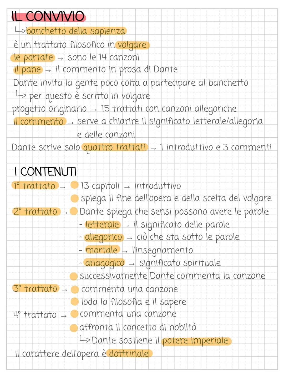 # IL CONVIVIO

→banchetto della sapienza

è un trattato filosofico in volgare

le portate sono le 14 canzoni

il pane il commento in prosa d