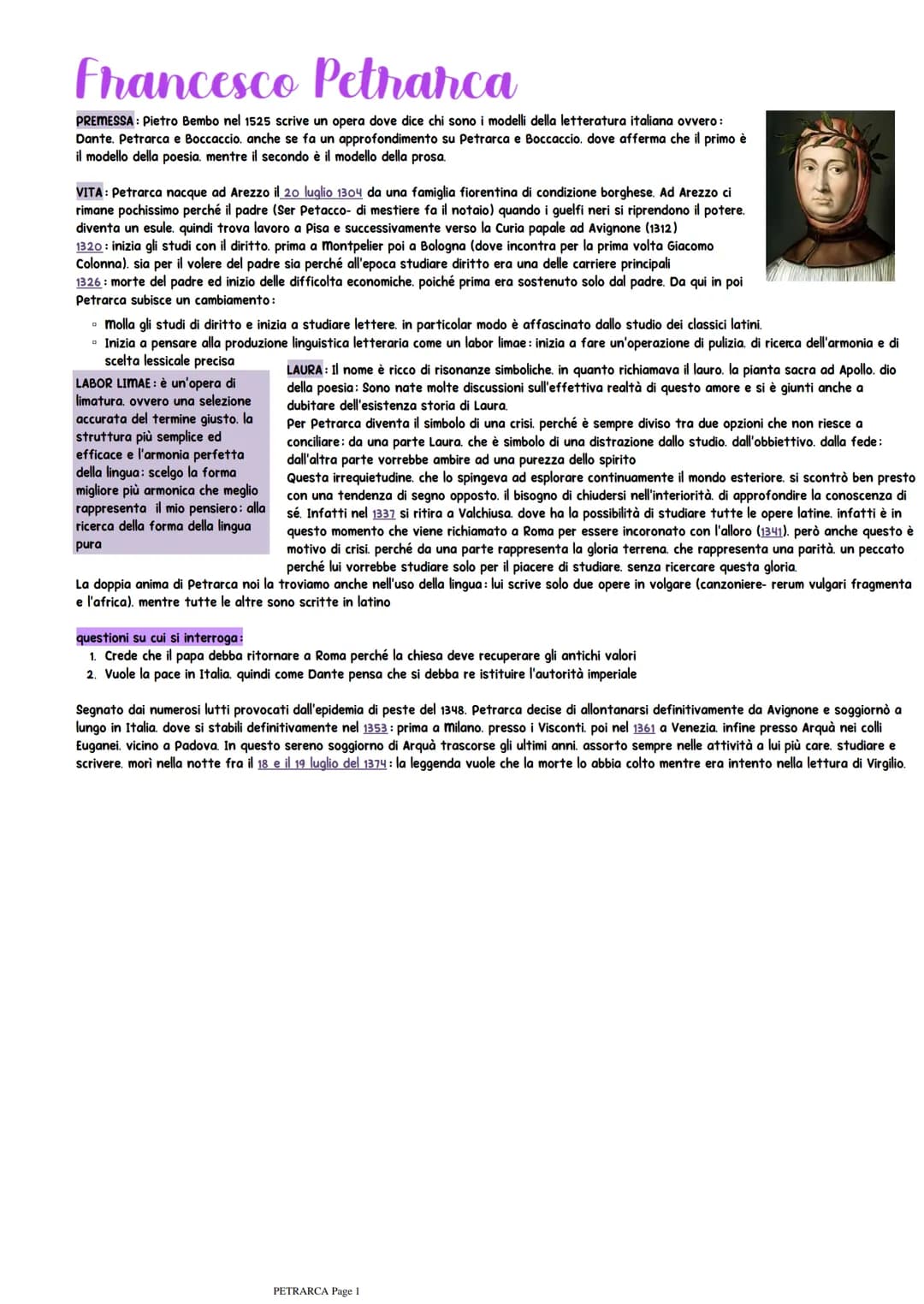 Francesco Petrarca
PREMESSA: Pietro Bembo nel 1525 scrive un opera dove dice chi sono i modelli della letteratura italiana ovvero:
Dante. Pe