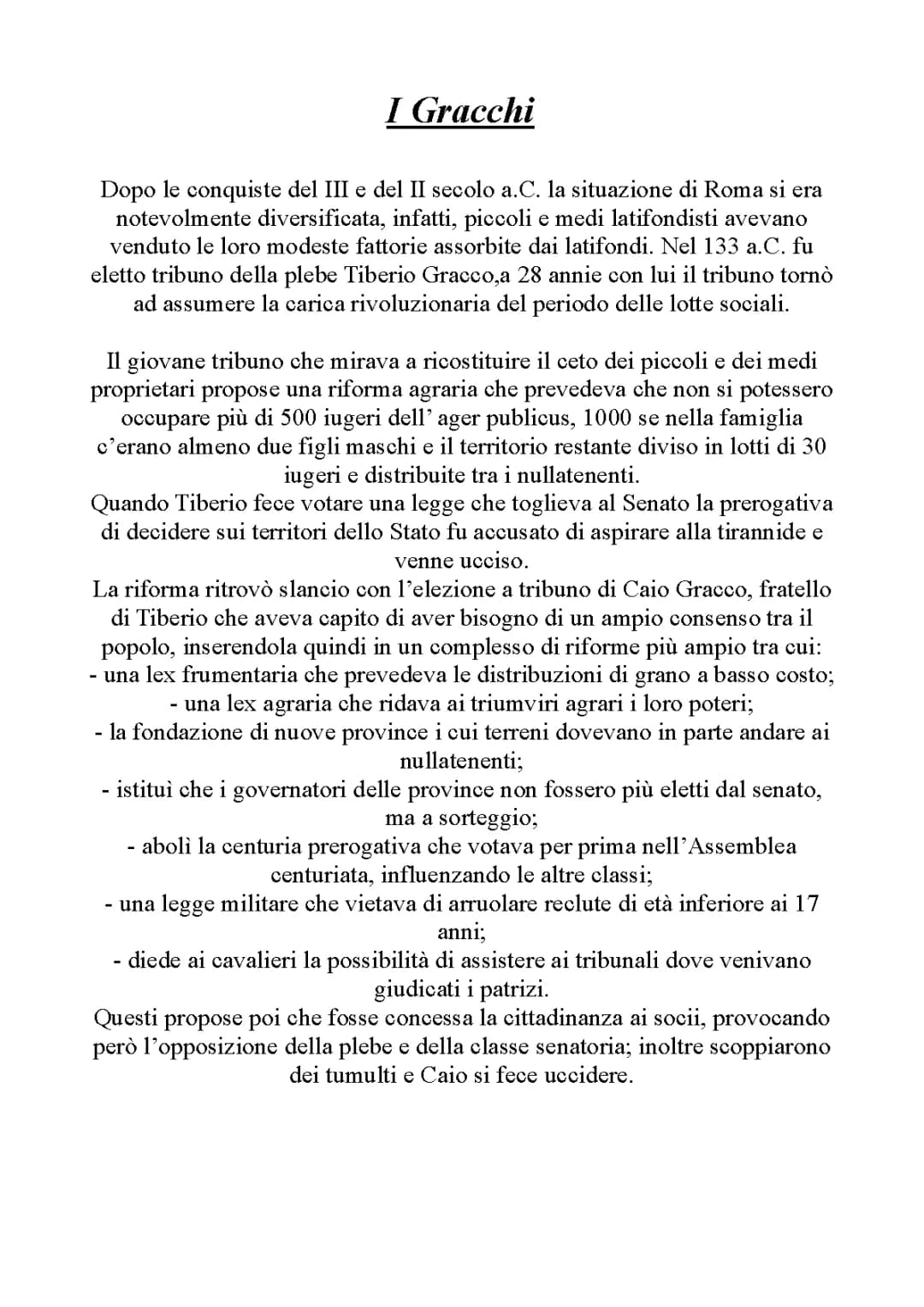 Le Riforme dei Fratelli Gracchi: Schema e Riassunto