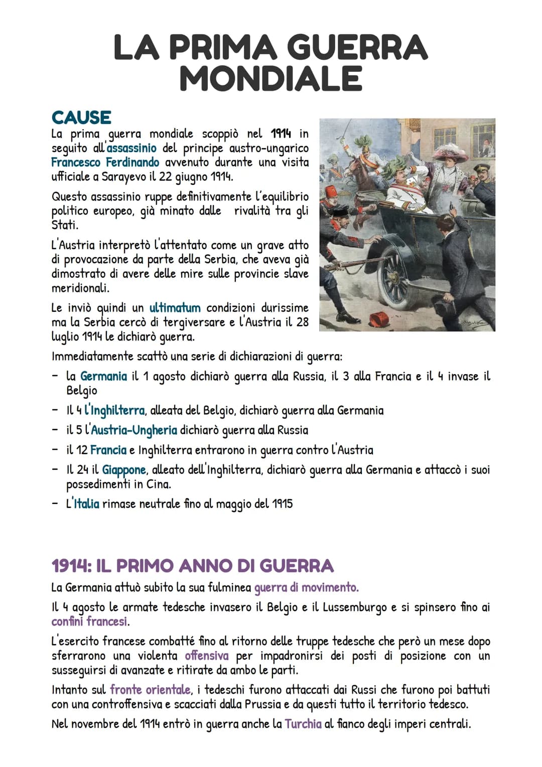 CAUSE
La prima guerra mondiale scoppiò nel 1914 in
seguito all'assassinio del principe austro-ungarico
Francesco Ferdinando avvenuto durante