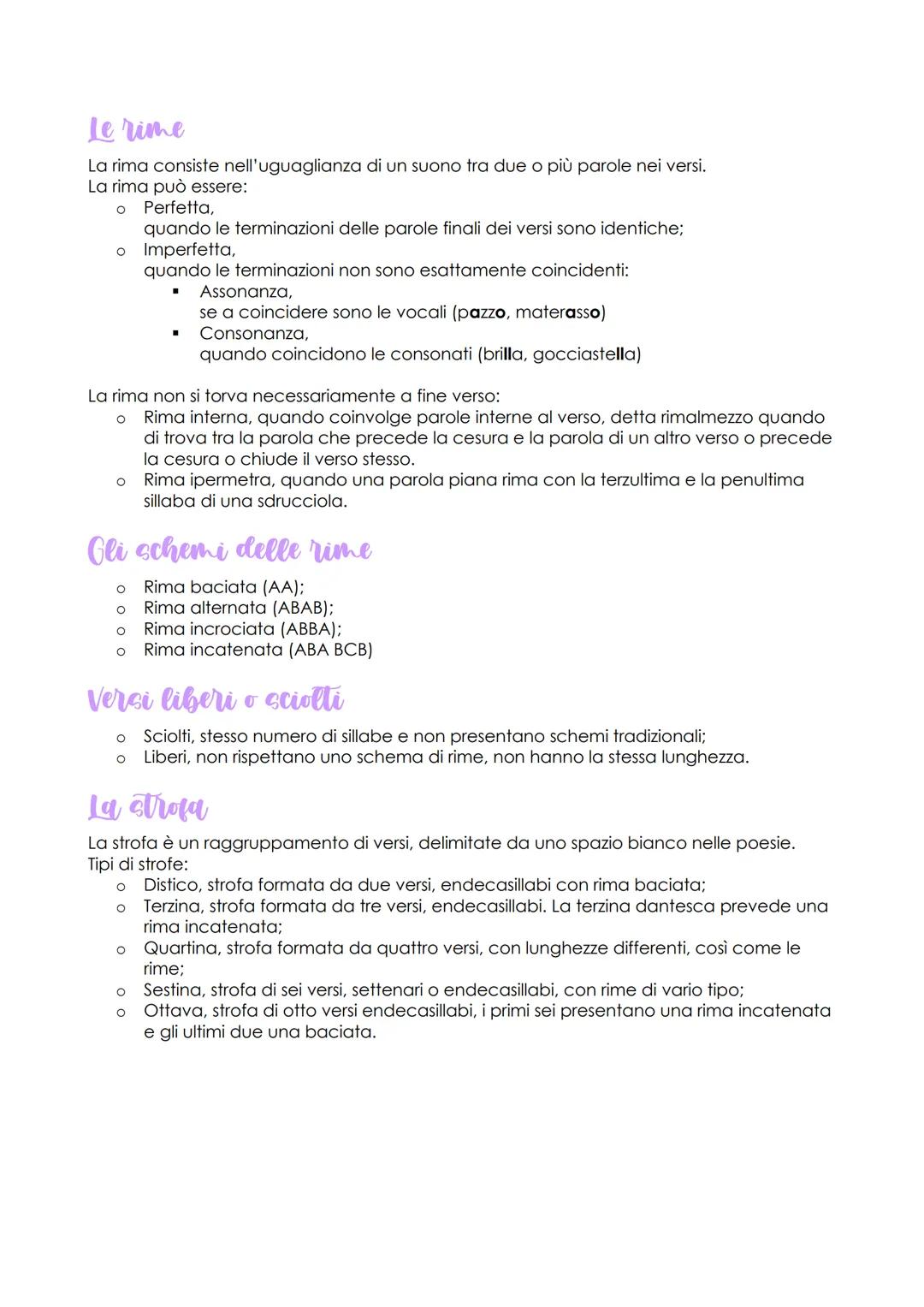 Le rime
La rima consiste nell'uguaglianza di un suono tra due o più parole nei versi.
La rima può essere:
O
Perfetta,
quando le terminazioni