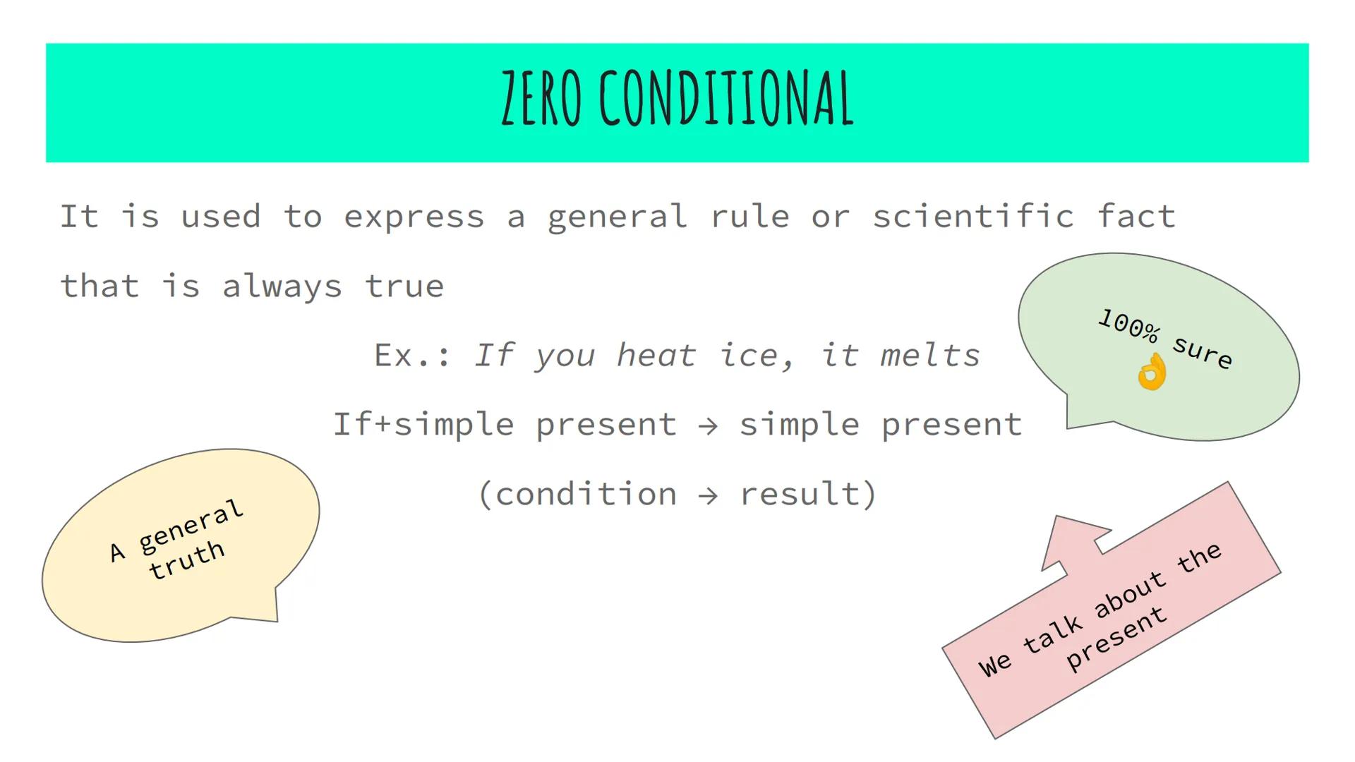ZERO, FIRST & SECOND
CONDITIONAL ZERO CONDITIONAL
It is used to express a general rule or scientific fact
that is always true
A general
trut