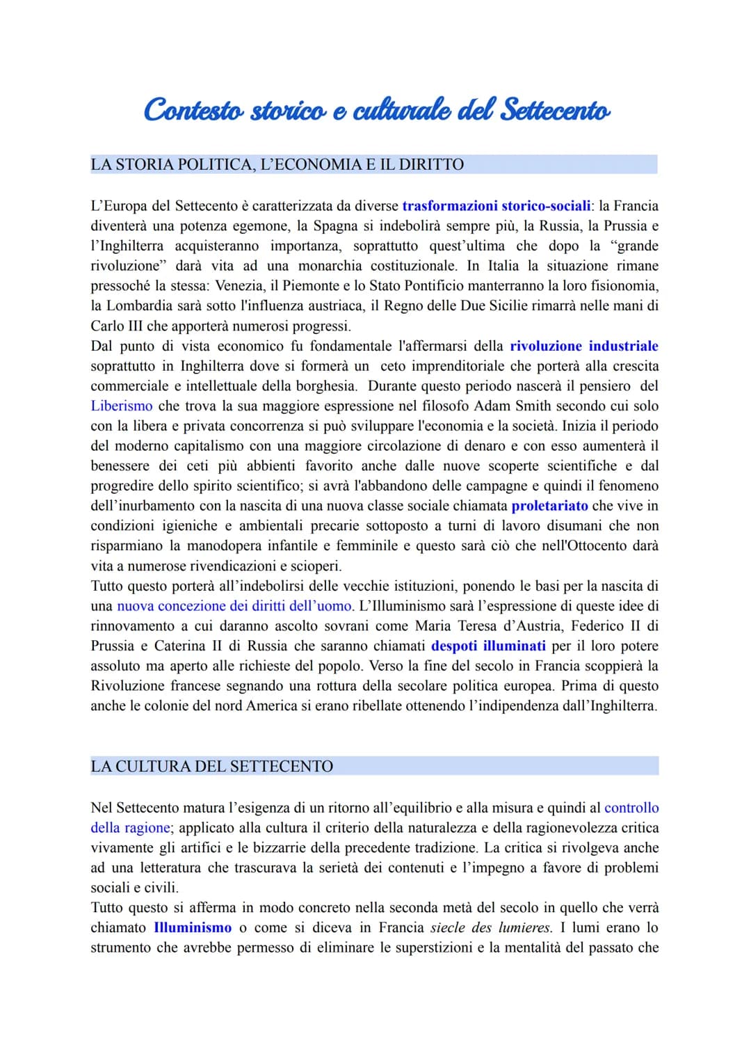 Contesto storico e culturale del Settecento
LA STORIA POLITICA, L'ECONOMIA E IL DIRITTO
L'Europa del Settecento è caratterizzata da diverse 