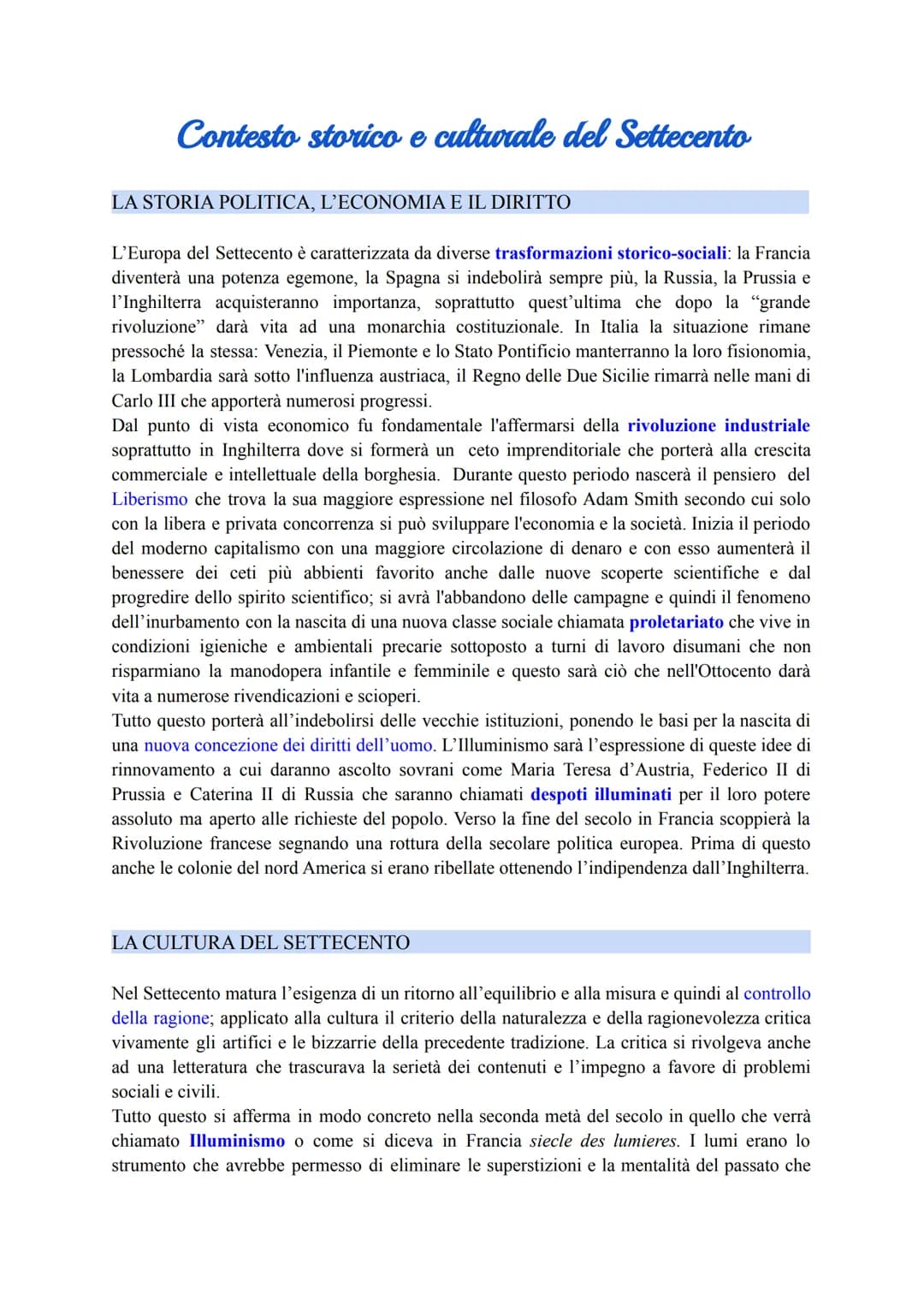 Contesto storico e culturale del Settecento
LA STORIA POLITICA, L'ECONOMIA E IL DIRITTO
L'Europa del Settecento è caratterizzata da diverse 