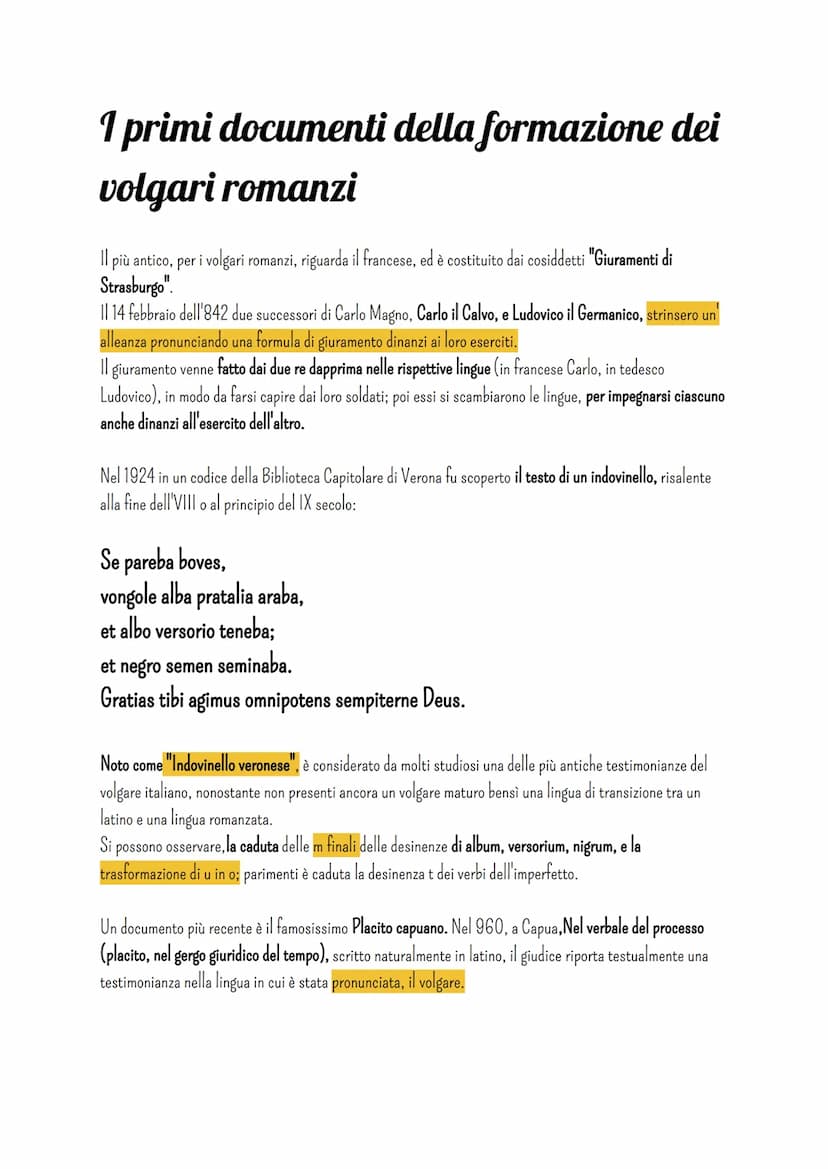 Letteratura
Il medioevo latino
Società e cultura
I primi testi letterari in volgare (la lingua parlata dal vulgus, il "popolo", distinta dal
