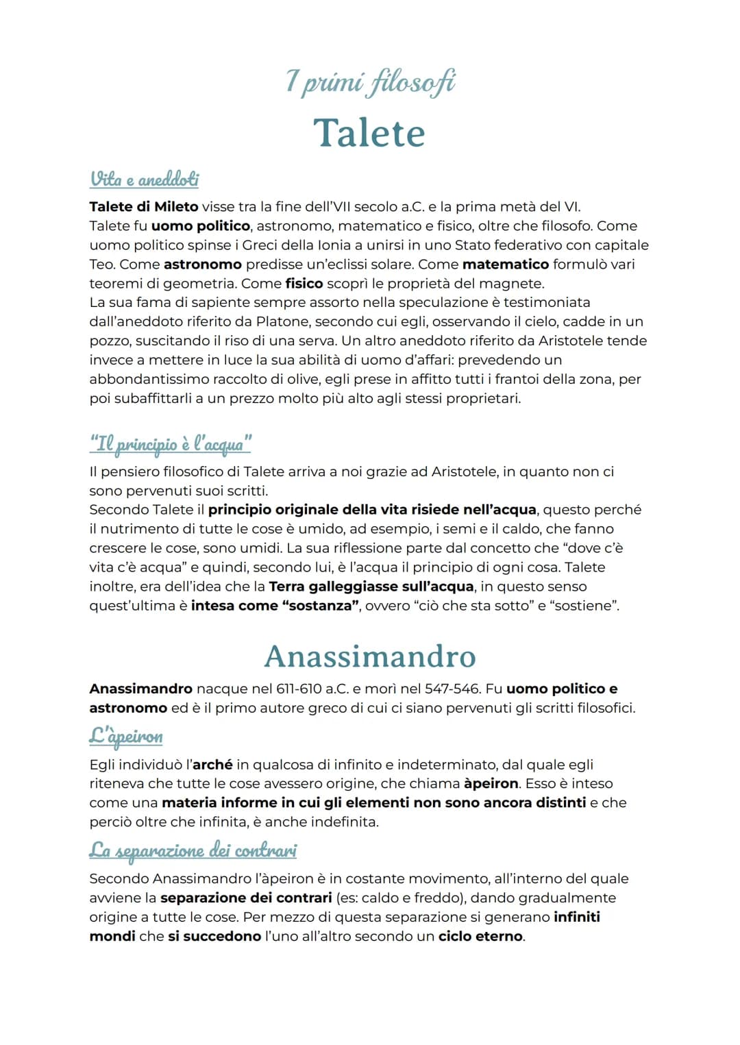7 primi filosofi
Talete
Vita e aneddoti
Talete di Mileto visse tra la fine dell'VII secolo a.C. e la prima metà del VI.
Talete fu uomo polit