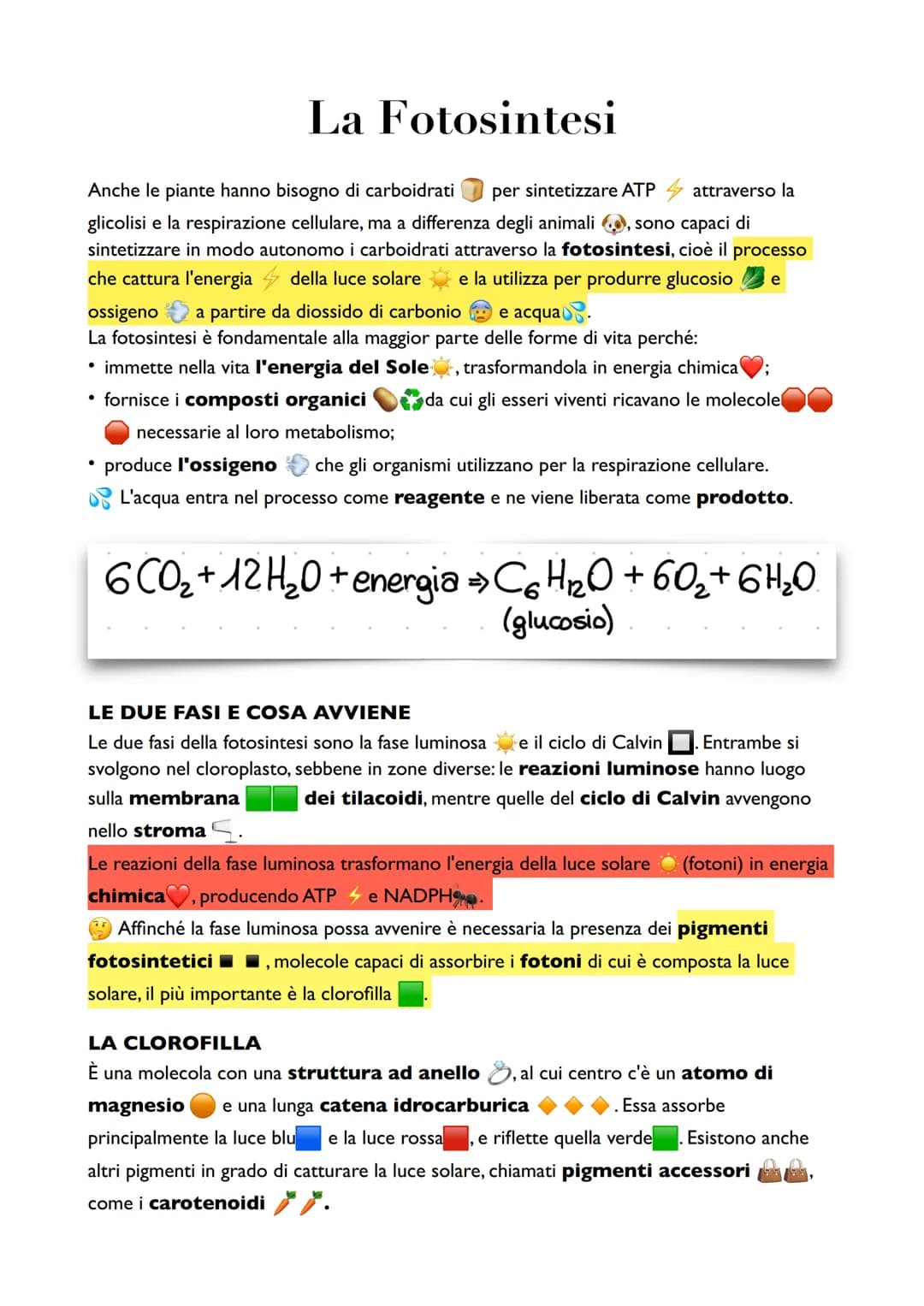La Fotosintesi
Anche le piante hanno bisogno di carboidrati per sintetizzare ATP attraverso la
glicolisi e la respirazione cellulare, ma a d