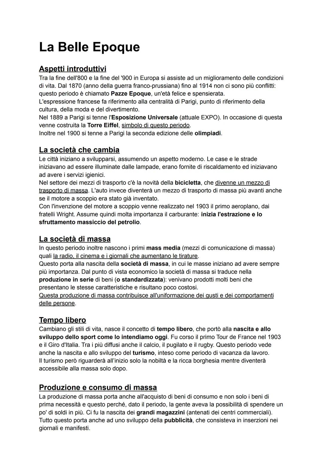La Belle Epoque
Aspetti introduttivi
Tra la fine dell'800 e la fine del '900 in Europa si assiste ad un miglioramento delle condizioni
di vi