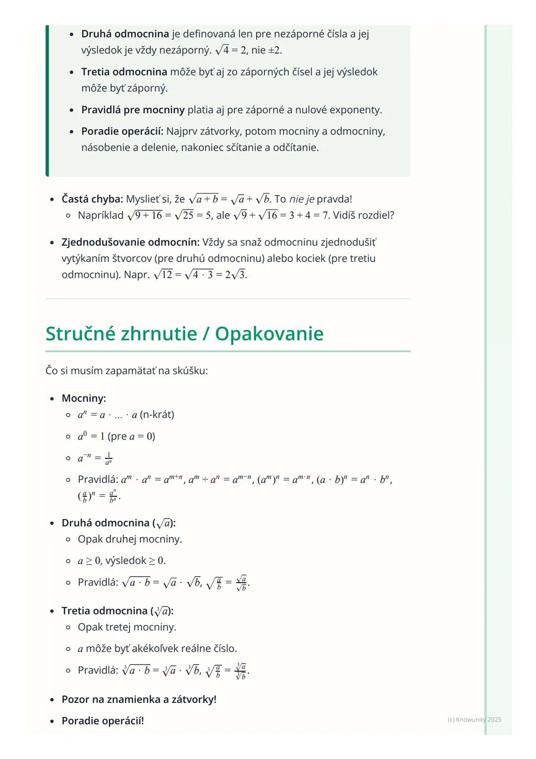 # Mocniny a odmocniny

Prehľad / Úvod

Dnes si zopakujeme mocniny a odmocniny. Je to dôležitá časť matematiky,
ktorú budeme potrebovať pri r