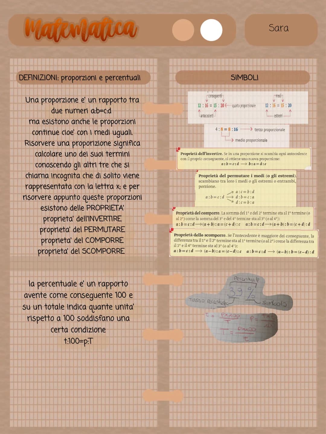 Matematica
DEFINIZIONI: proporzioni e percentuall
Una proporzione e' un rapporto tra
due numeri a:b=c:d
ma esistono anche le proporzioni
con