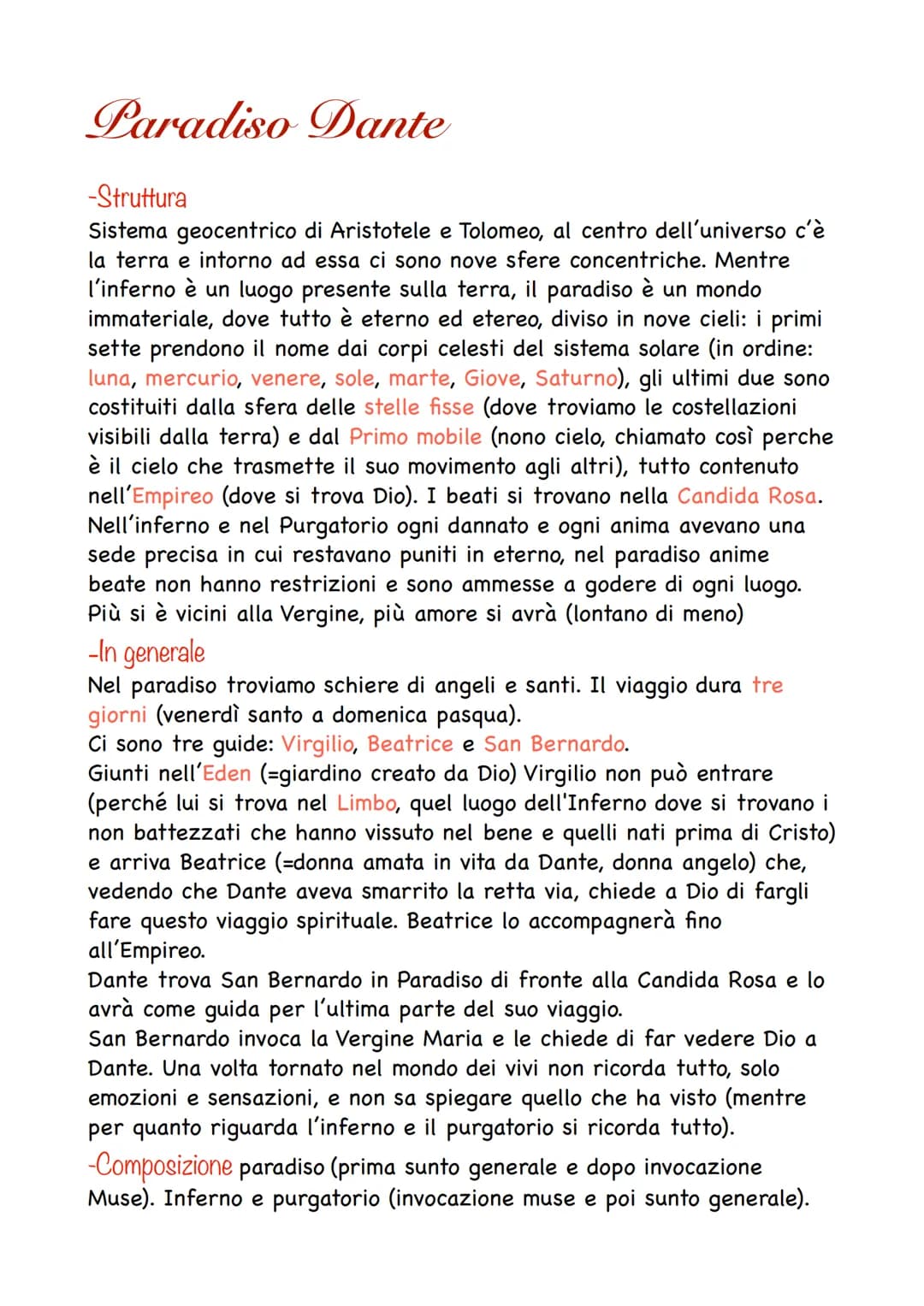 Paradiso Dante
-Struttura
Sistema geocentrico di Aristotele e Tolomeo, al centro dell'universo c'è
la terra e intorno ad essa ci sono nove s