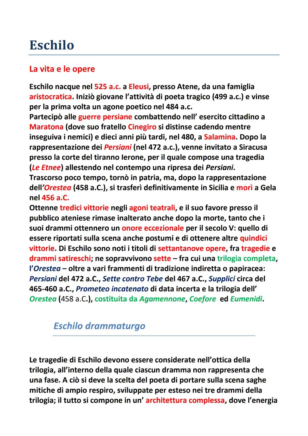 # Eschilo

La vita e le opere

Eschilo nacque nel 525 a.c. a Eleusi, presso Atene, da una famiglia
aristocratica. Iniziò giovane l'attività 