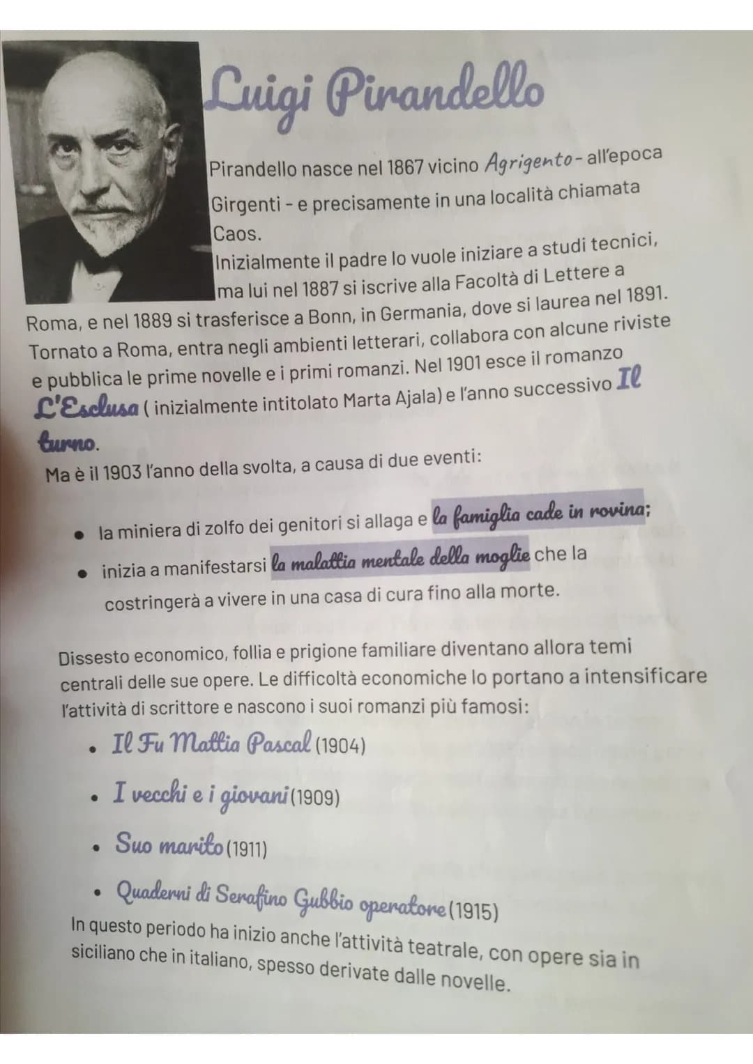 
<p>Luigi Pirandello nasce nel 1867 vicino Agrigento, all'epoca Girgenti, in una località chiamata Caos. Inizialmente il padre desiderava fa