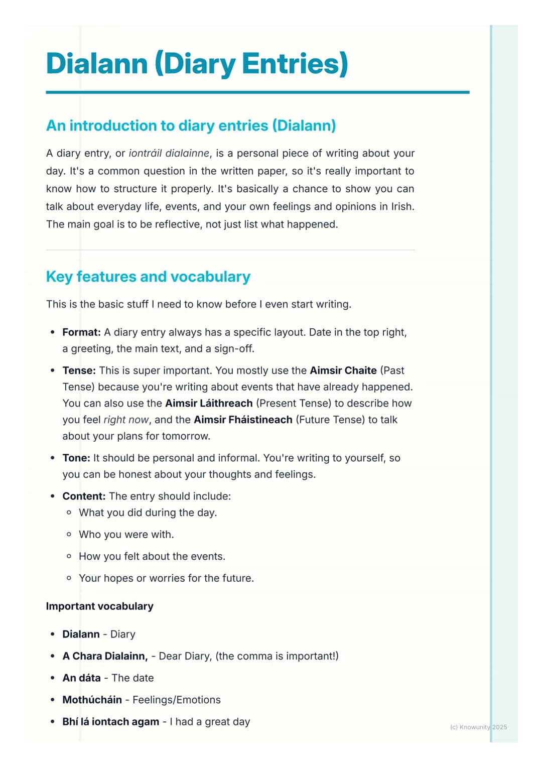 # Dialann (Diary Entries)

An introduction to diary entries (Dialann)

A diary entry, or iontráil dialainne, is a personal piece of writing 
