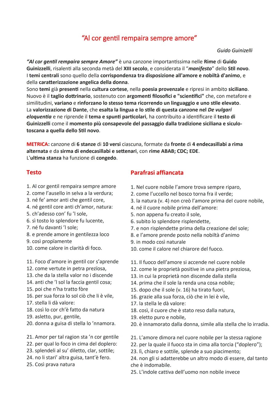 “Al cor gentil rempaira sempre amore” Guido Guinizelli