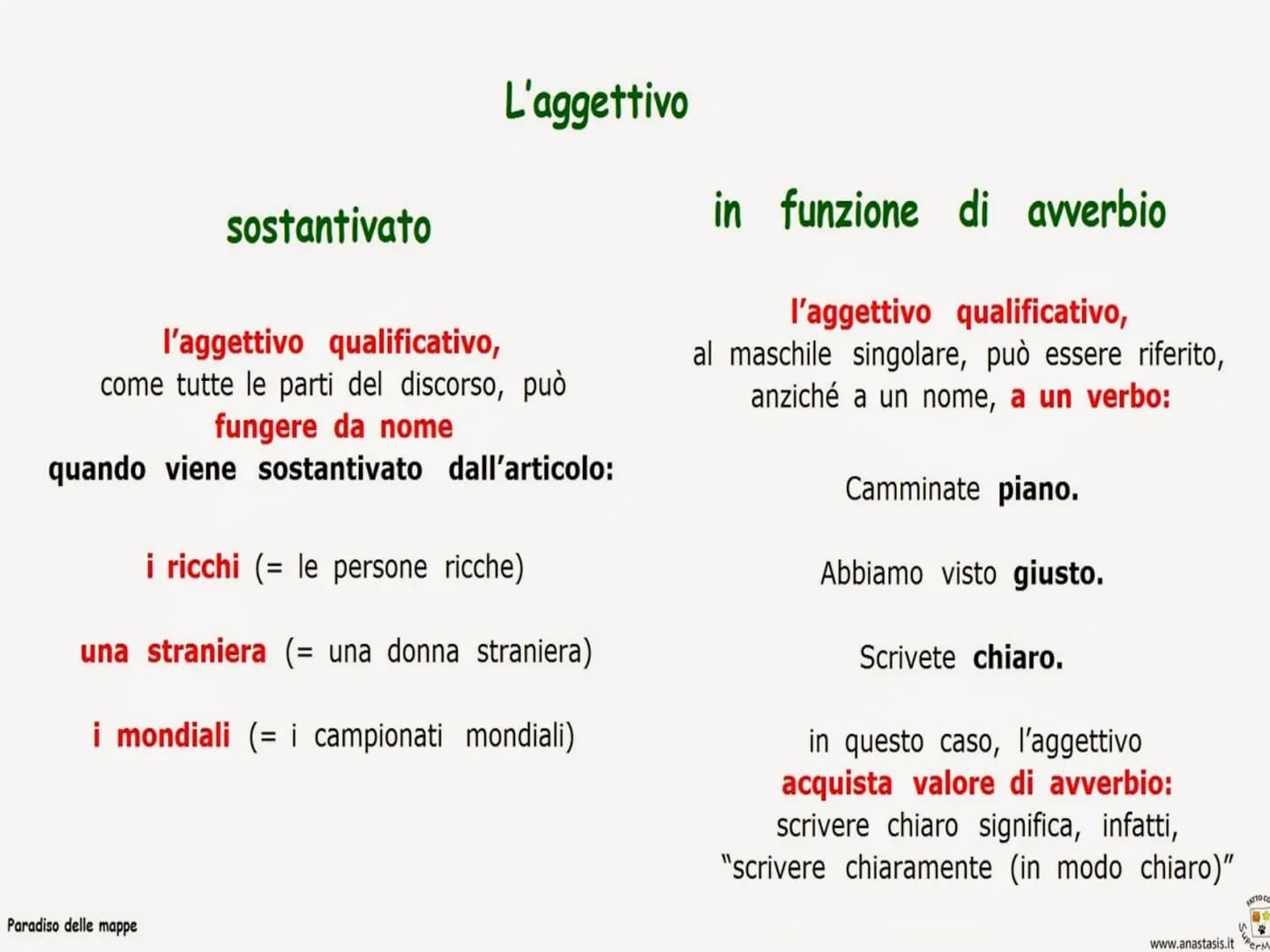 è una parola che aggiunta ad un nome, ne indica
una caratteristica particolare o ne precisa un aspetto
precisano il significato di un nome
i