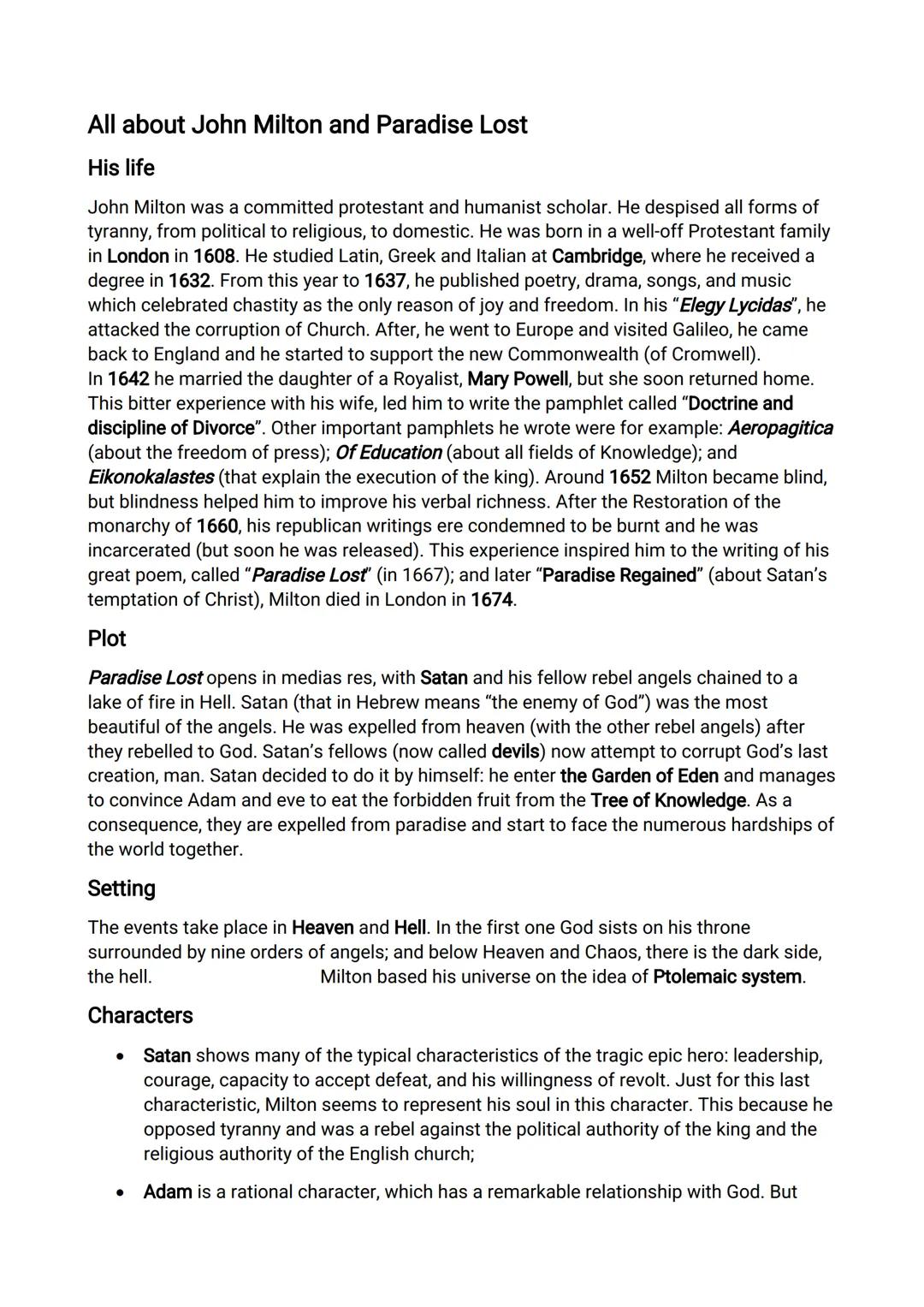 # All about John Milton and Paradise Lost

His life

John Milton was a committed protestant and humanist scholar. He despised all forms of
t