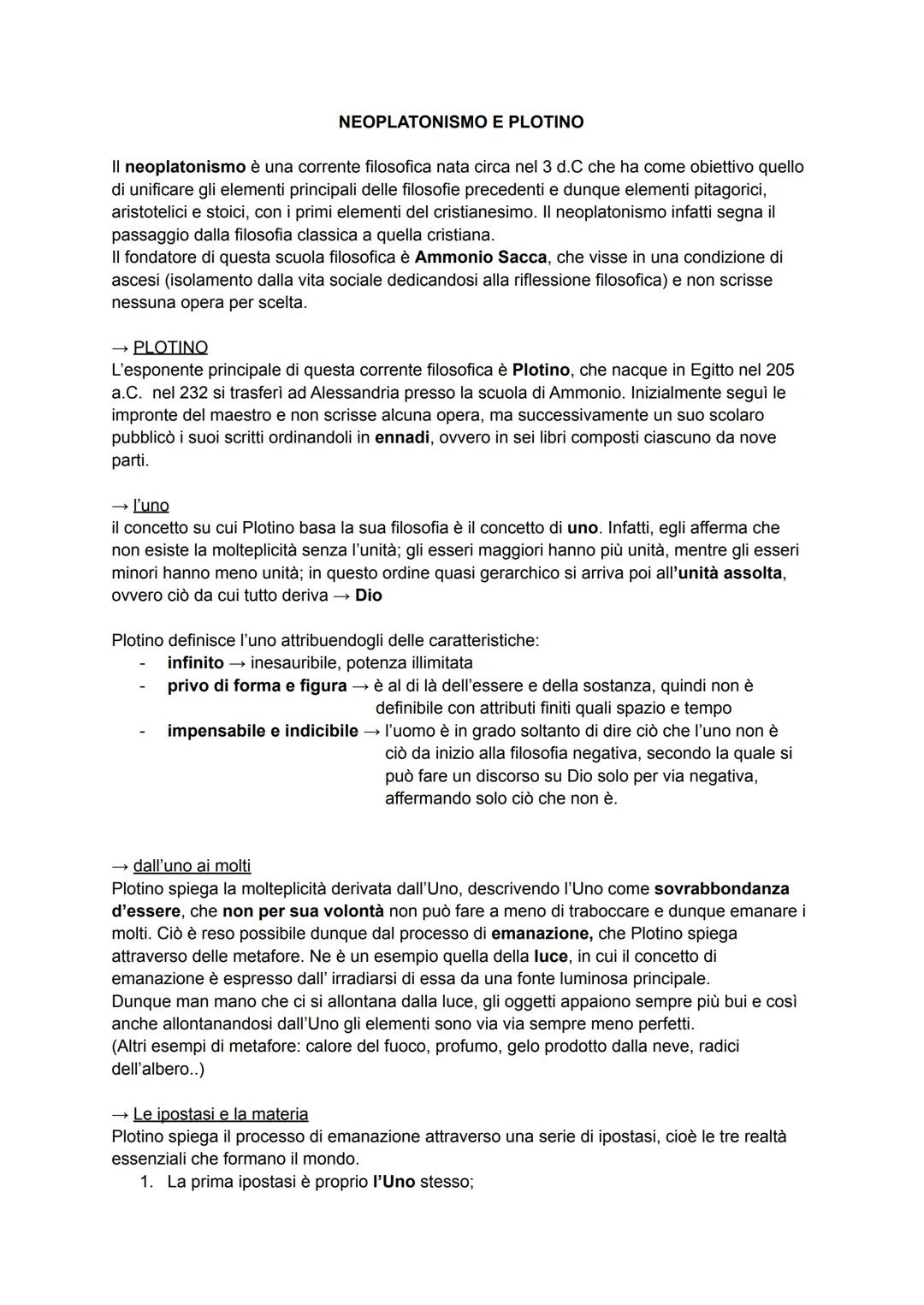 NEOPLATONISMO E PLOTINO
Il neoplatonismo è una corrente filosofica nata circa nel 3 d.C che ha come obiettivo quello
di unificare gli elemen