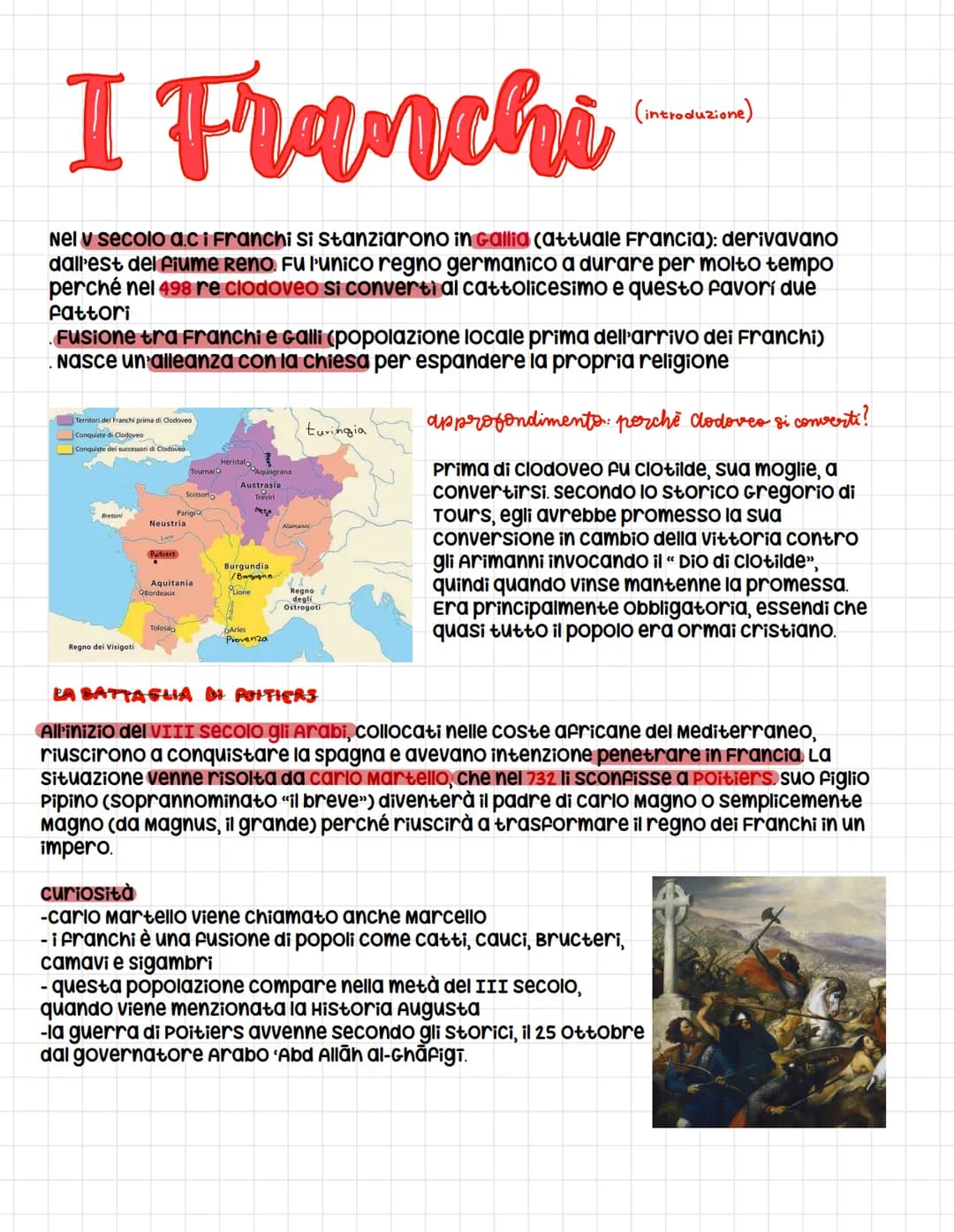 I Franchi
Nel V secolo a.ci Franchi si Stanziarono in Gallia (attuale Francia): derivavano
dall'est del fiume Reno. Fu l'unico regno germani