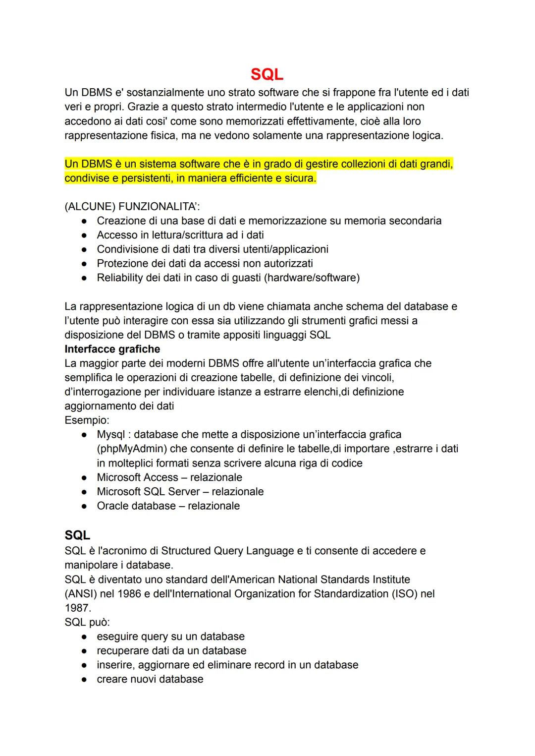 SQL
Un DBMS e' sostanzialmente uno strato software che si frappone fra l'utente ed i dati
veri e propri. Grazie a questo strato intermedio l
