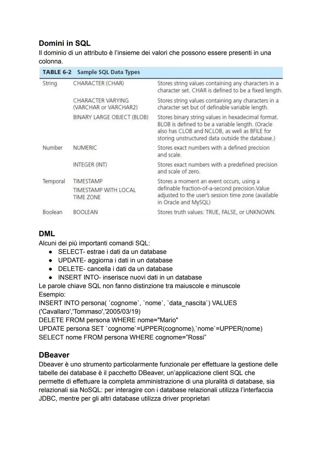 SQL
Un DBMS e' sostanzialmente uno strato software che si frappone fra l'utente ed i dati
veri e propri. Grazie a questo strato intermedio l