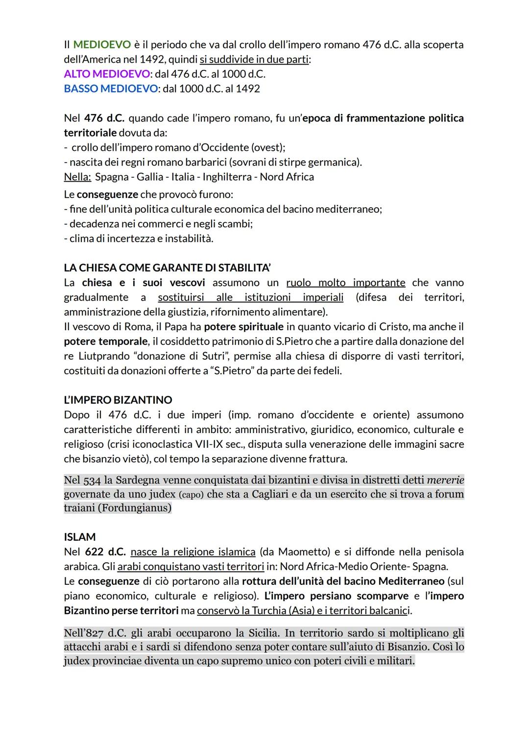 II MEDIOEVO è il periodo che va dal crollo dell'impero romano 476 d.C. alla scoperta
dell'America nel 1492, quindi si suddivide in due parti