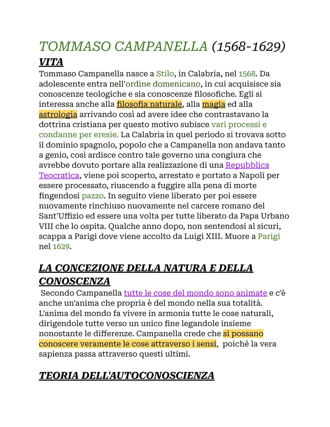 TOMMASO CAMPANELLA (1568-1629)
VITA
Tommaso Campanella nasce a Stilo, in Calabria, nel 1568. Da
adolescente entra nell'ordine domenicano, in