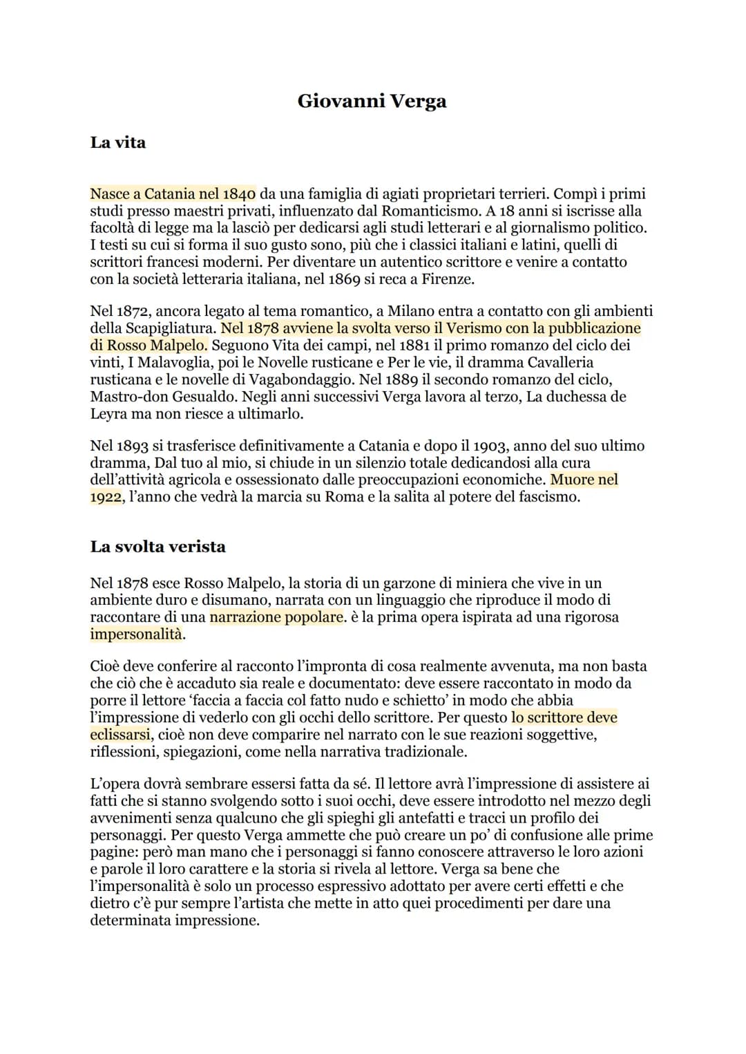 La vita
Giovanni Verga
Nasce a Catania nel 1840 da una famiglia di agiati proprietari terrieri. Compì i primi
studi presso maestri privati, 