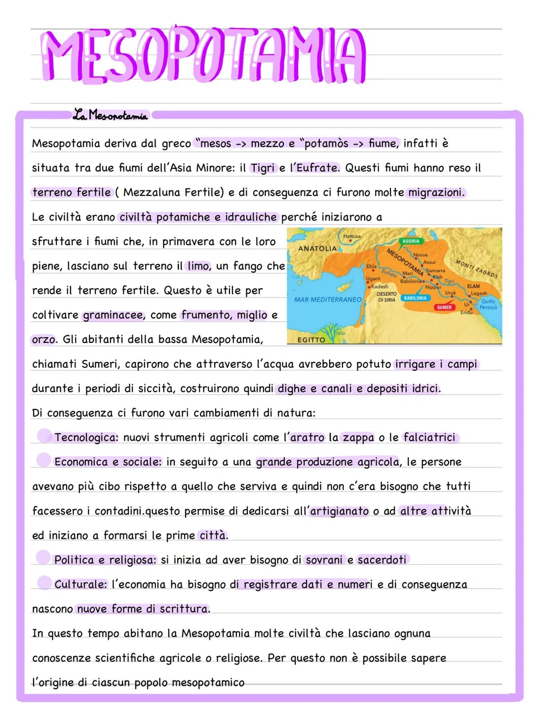 MESOPOTAMIA
La Mesorotamia
Mesopotamia deriva dal greco "mesos -> mezzo e "potamòs -> fiume, infatti è
situata tra due fiumi dell'Asia Minor