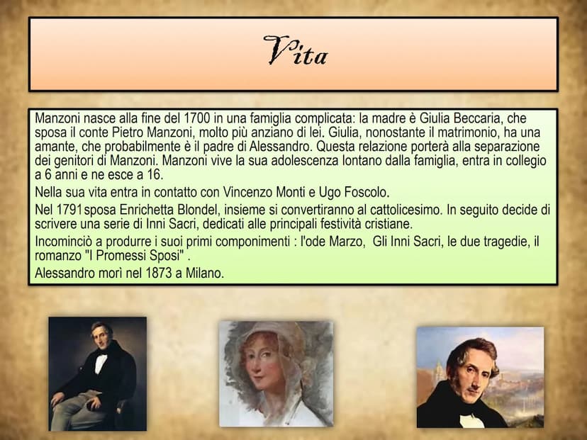 Alessandro Manzoni Vita
Manzoni nasce alla fine del 1700 in una famiglia complicata: la madre è Giulia Beccaria, che
sposa il conte Pietro M