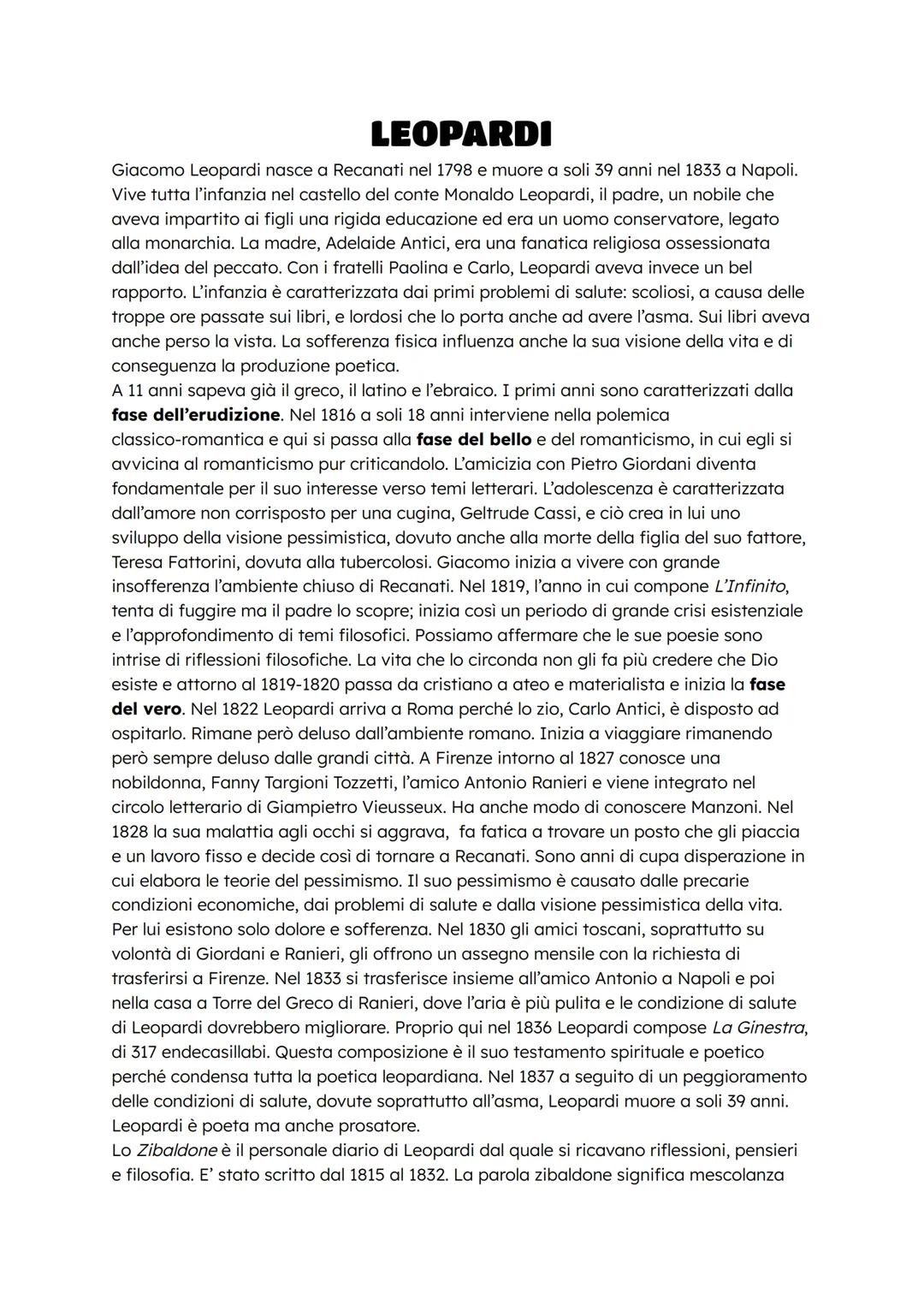 # LEOPARDI

Giacomo Leopardi nasce a Recanati nel 1798 e muore a soli 39 anni nel 1833 a Napoli.
Vive tutta l'infanzia nel castello del cont
