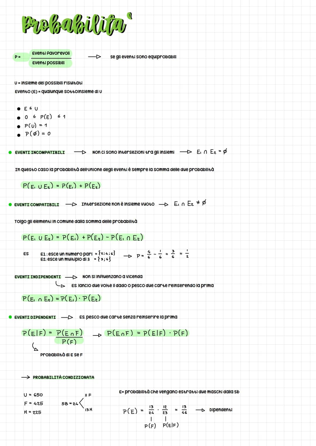 Probabilita
P=
Eventi favorevoli
Eventi possibili
U = insieme dei possibili risultati
Evento (E)= qualunque sottoinsieme di U
●EU
0 P(E) ≤ 1