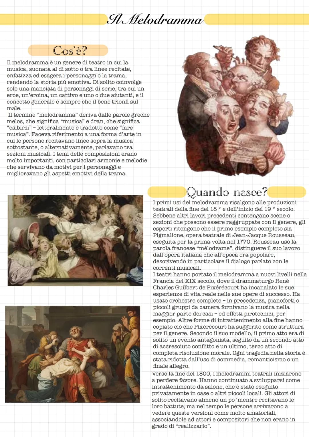 A Melodramma
Cos'è?
Il melodramma è un genere di teatro in cui la
musica, suonata al di sotto o tra linee recitate,
enfatizza ed esagera i p