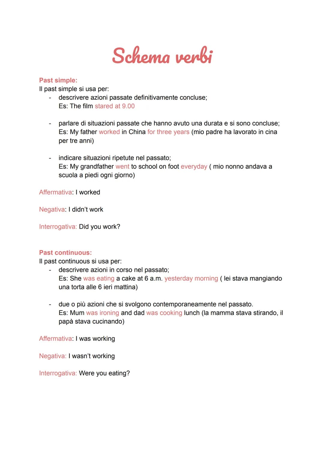 Past simple:
Il past simple si usa per:
Schema verbi
descrivere azioni passate definitivamente concluse;
Es: The film stared at 9.00
parlare